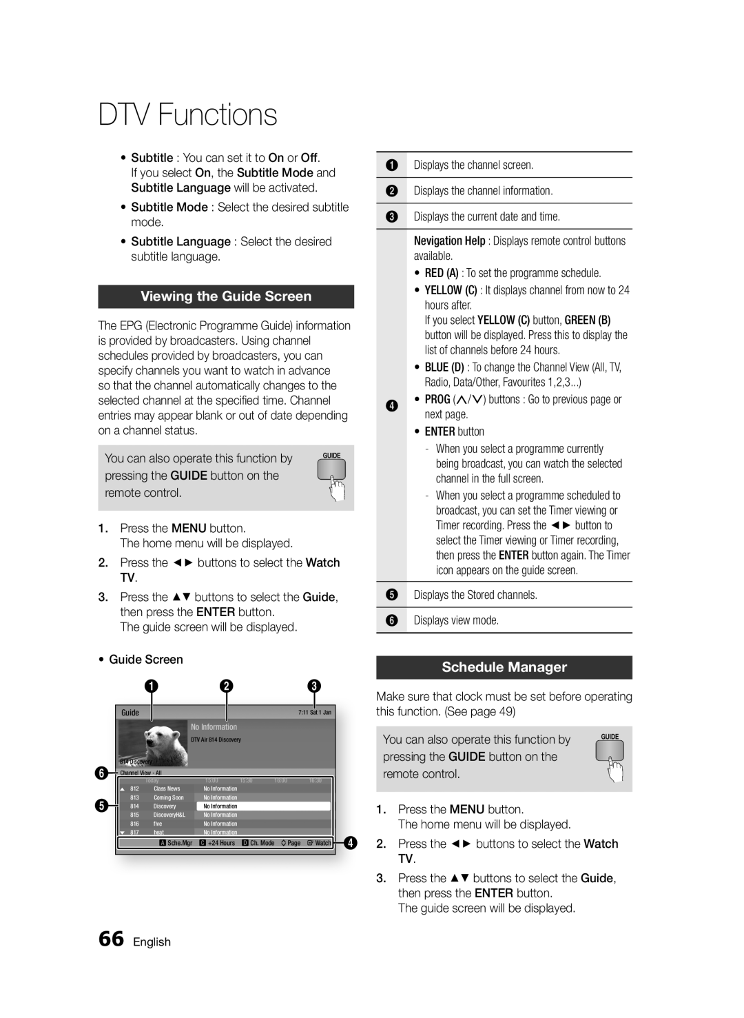 Samsung BD-D8500/EN, BD-D8500/XN, BD-D8200/EN manual Viewing the Guide Screen, Schedule Manager, Displays the channel screen 