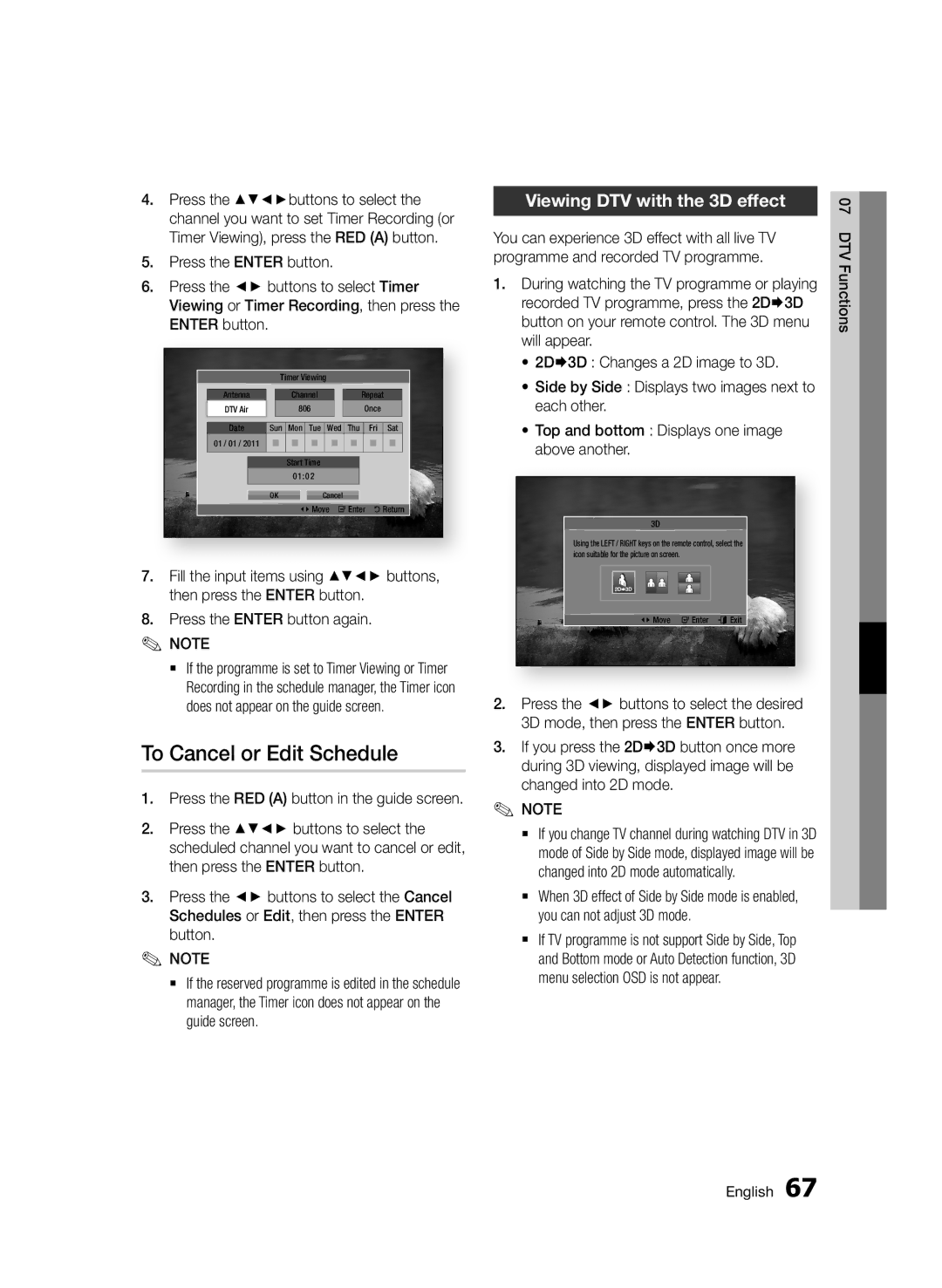 Samsung BD-D8500/XN manual To Cancel or Edit Schedule, Viewing DTV with the 3D effect, Programme and recorded TV programme 