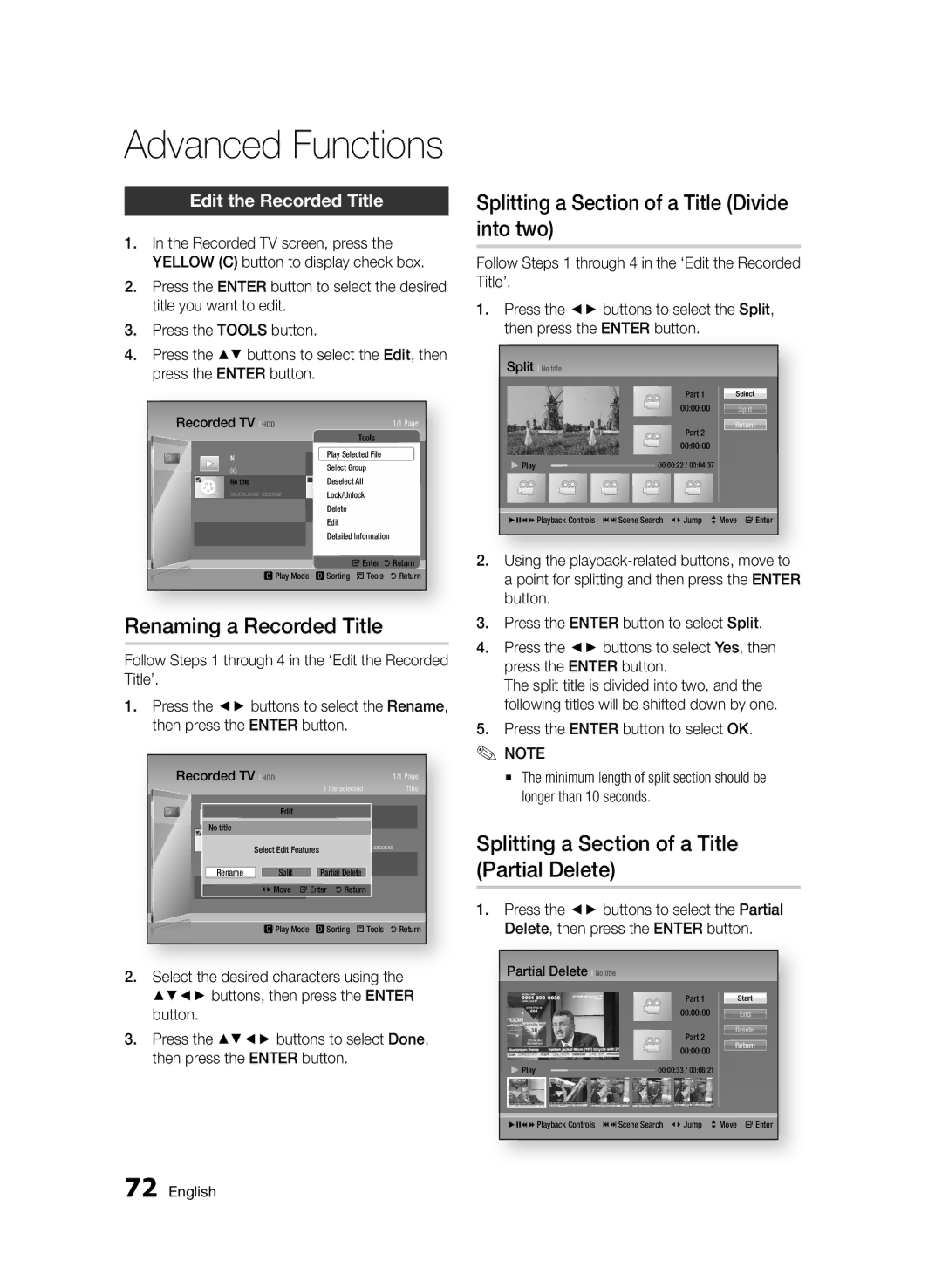 Samsung BD-D8500/EN Renaming a Recorded Title, Splitting a Section of a Title Divide into two, Edit the Recorded Title 