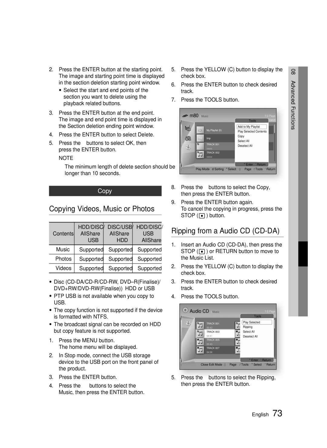 Samsung BD-D8500/XN, BD-D8500/EN, BD-D8200/EN manual Copying Videos, Music or Photos, Ripping from a Audio CD CD-DA, Usb Hdd 