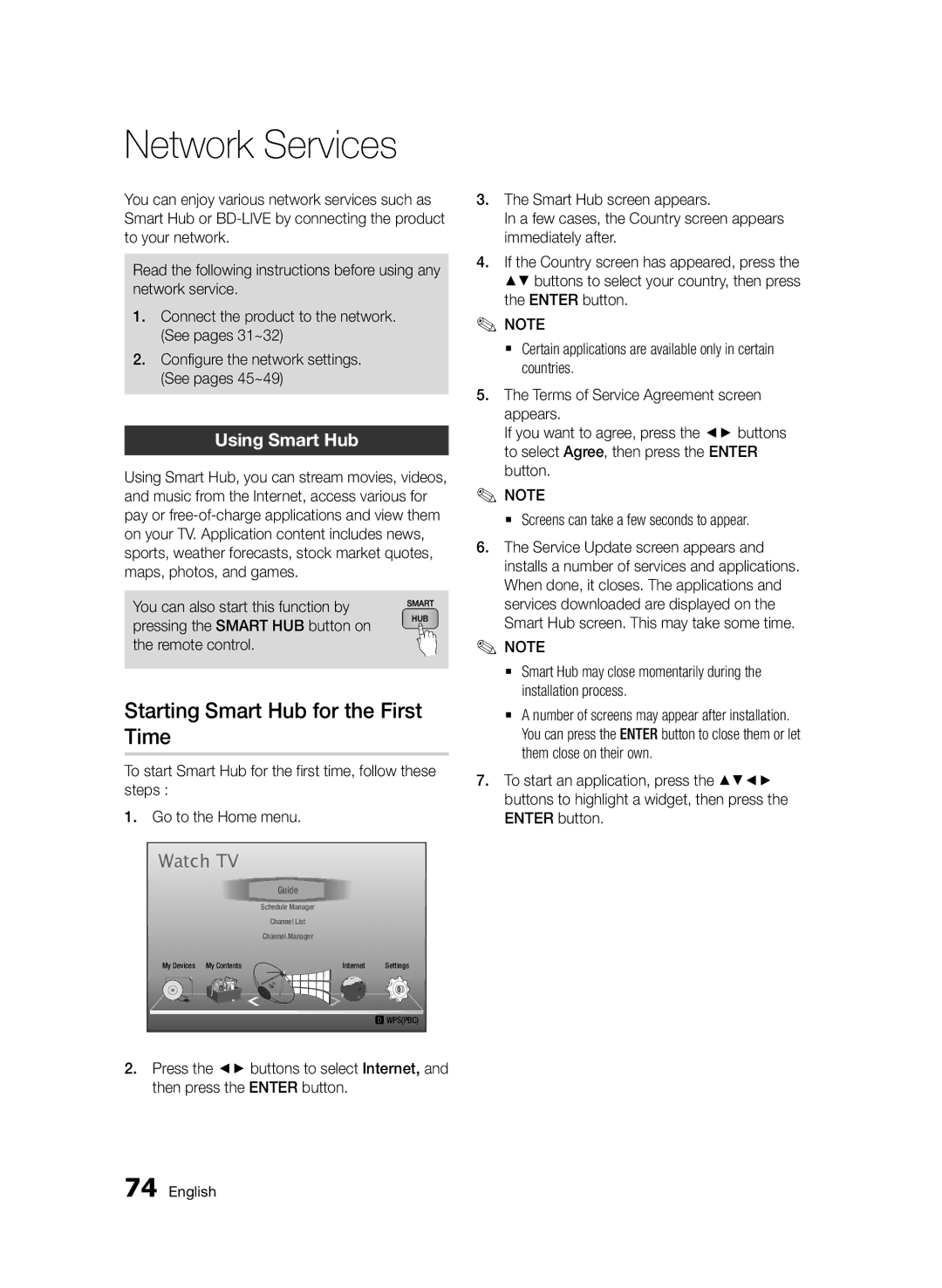 Samsung BD-D8200/EN, BD-D8500/EN, BD-D8500/XN manual Network Services, Starting Smart Hub for the First Time, Using Smart Hub 