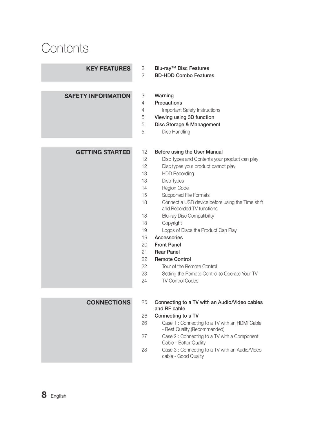 Samsung BD-D8200/EN, BD-D8500/EN, BD-D8500/XN, BD-D8200/XN, BD-D8200/ZF, BD-D8500/ZF manual Contents 