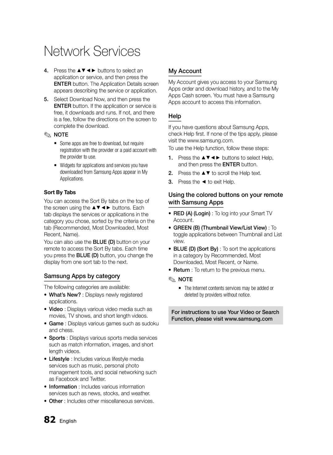 Samsung BD-D8200/ZF Samsung Apps by category, My Account, Help, Using the colored buttons on your remote with Samsung Apps 