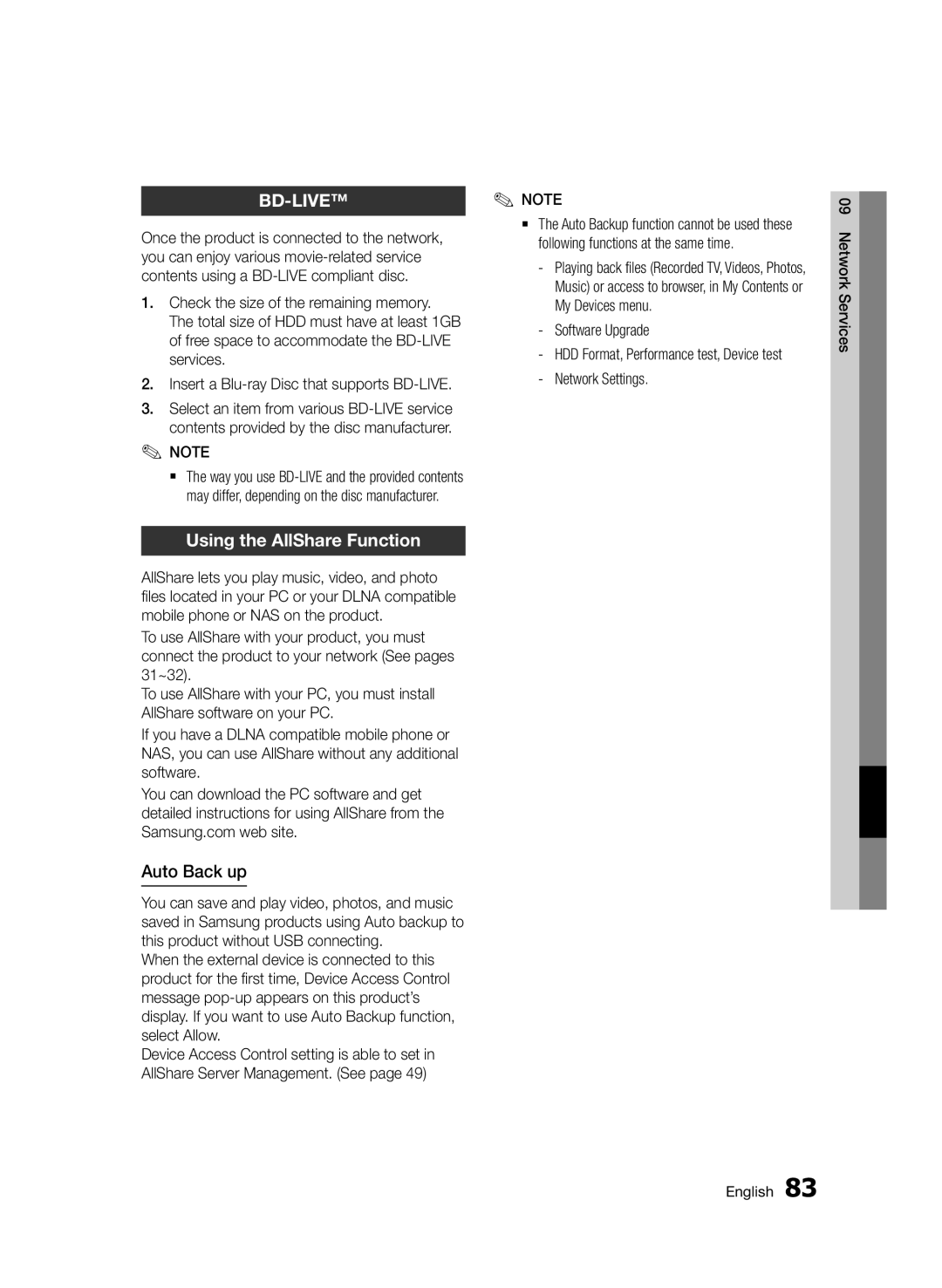 Samsung BD-D8500/ZF, BD-D8500/EN, BD-D8500/XN, BD-D8200/EN, BD-D8200/XN, BD-D8200/ZF Using the AllShare Function, Auto Back up 