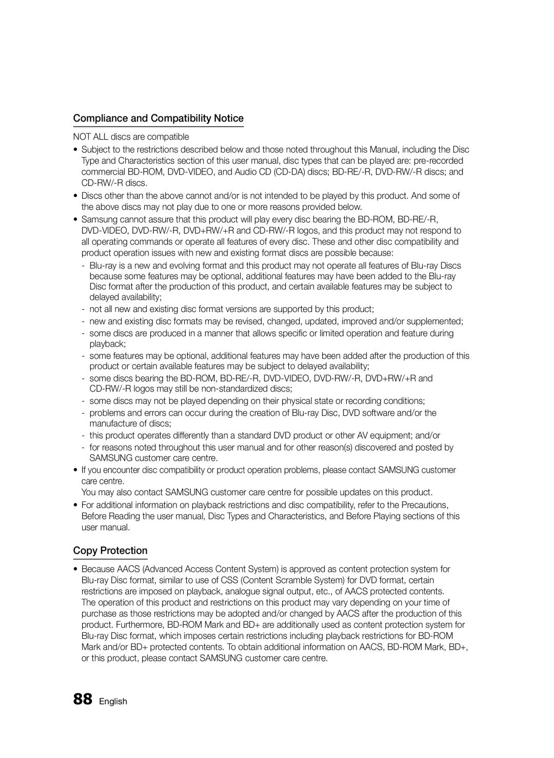 Samsung BD-D8200/ZF, BD-D8500/EN, BD-D8500/XN, BD-D8200/EN, BD-D8200/XN Compliance and Compatibility Notice, Copy Protection 