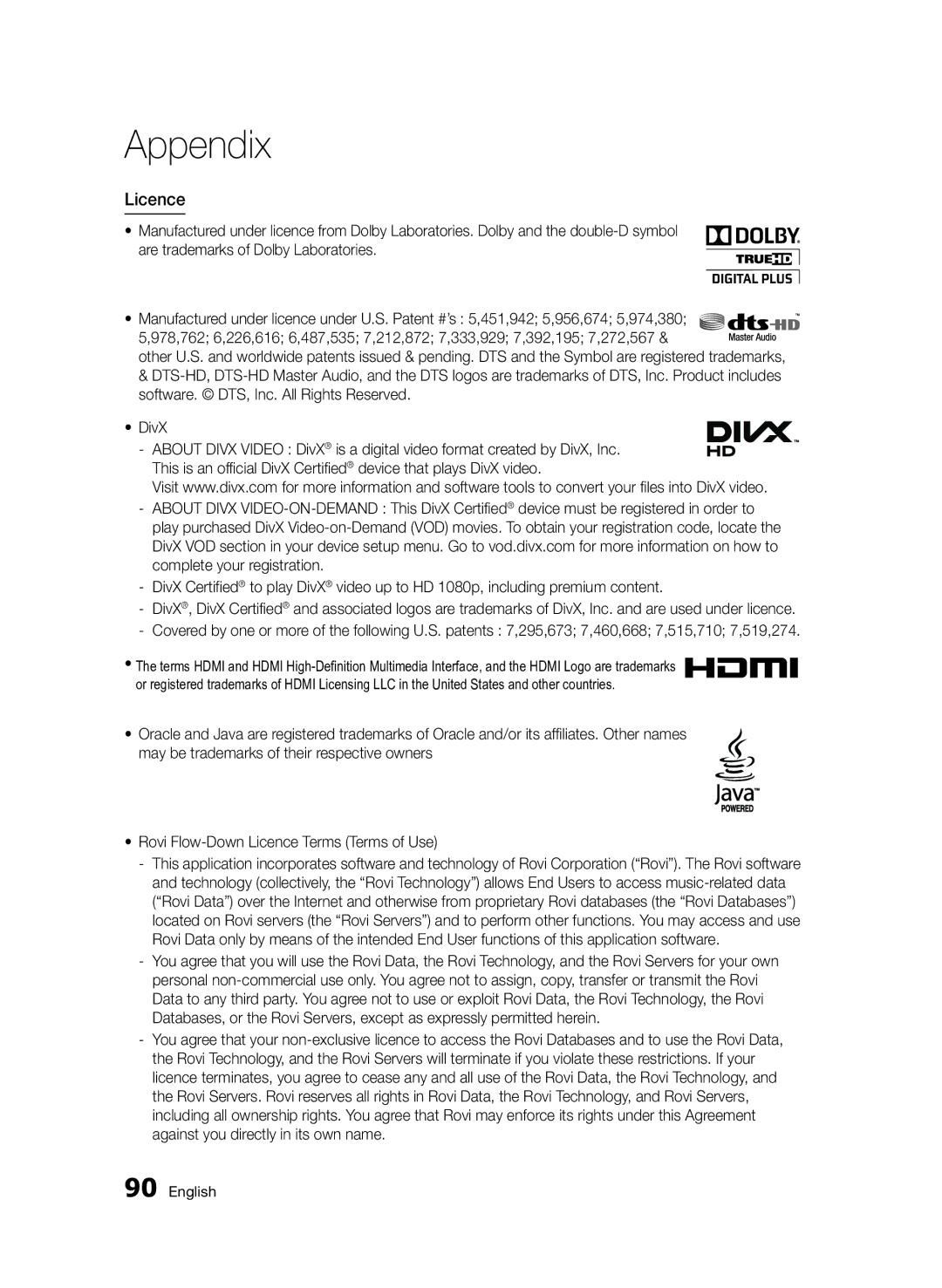 Samsung BD-D8500/EN, BD-D8500/XN, BD-D8200/EN, BD-D8200/XN, BD-D8200/ZF, BD-D8500/ZF manual Licence 