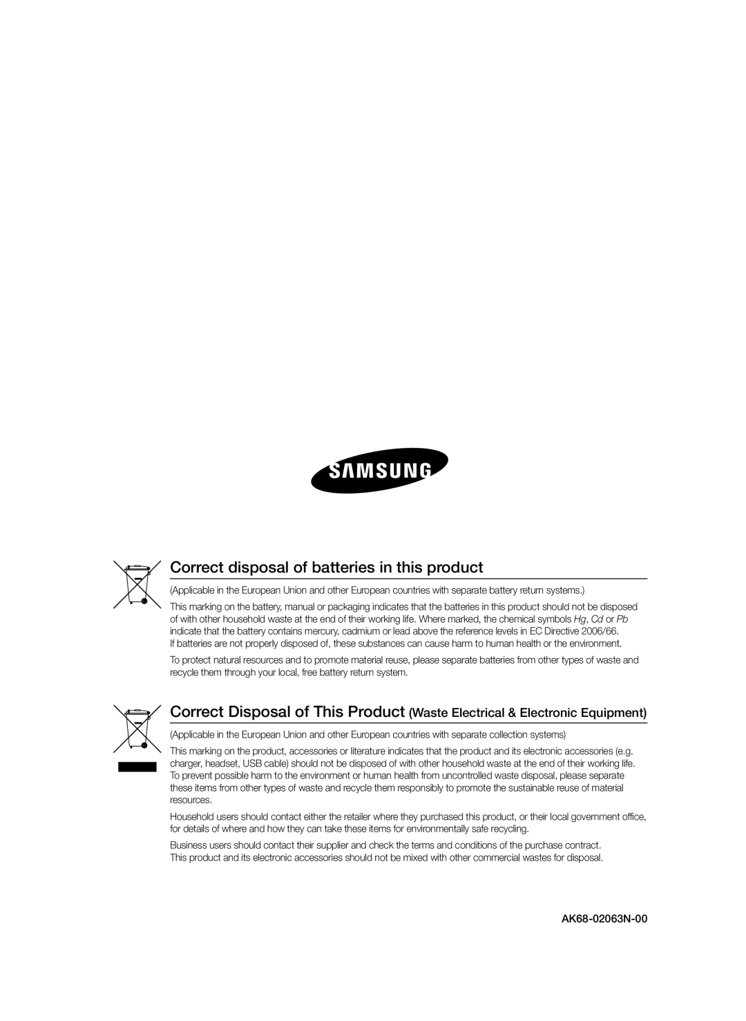 Samsung BD-D8200/XN, BD-D8500/EN, BD-D8500/XN, BD-D8200/EN Correct disposal of batteries in this product, AK68-02063N-00 