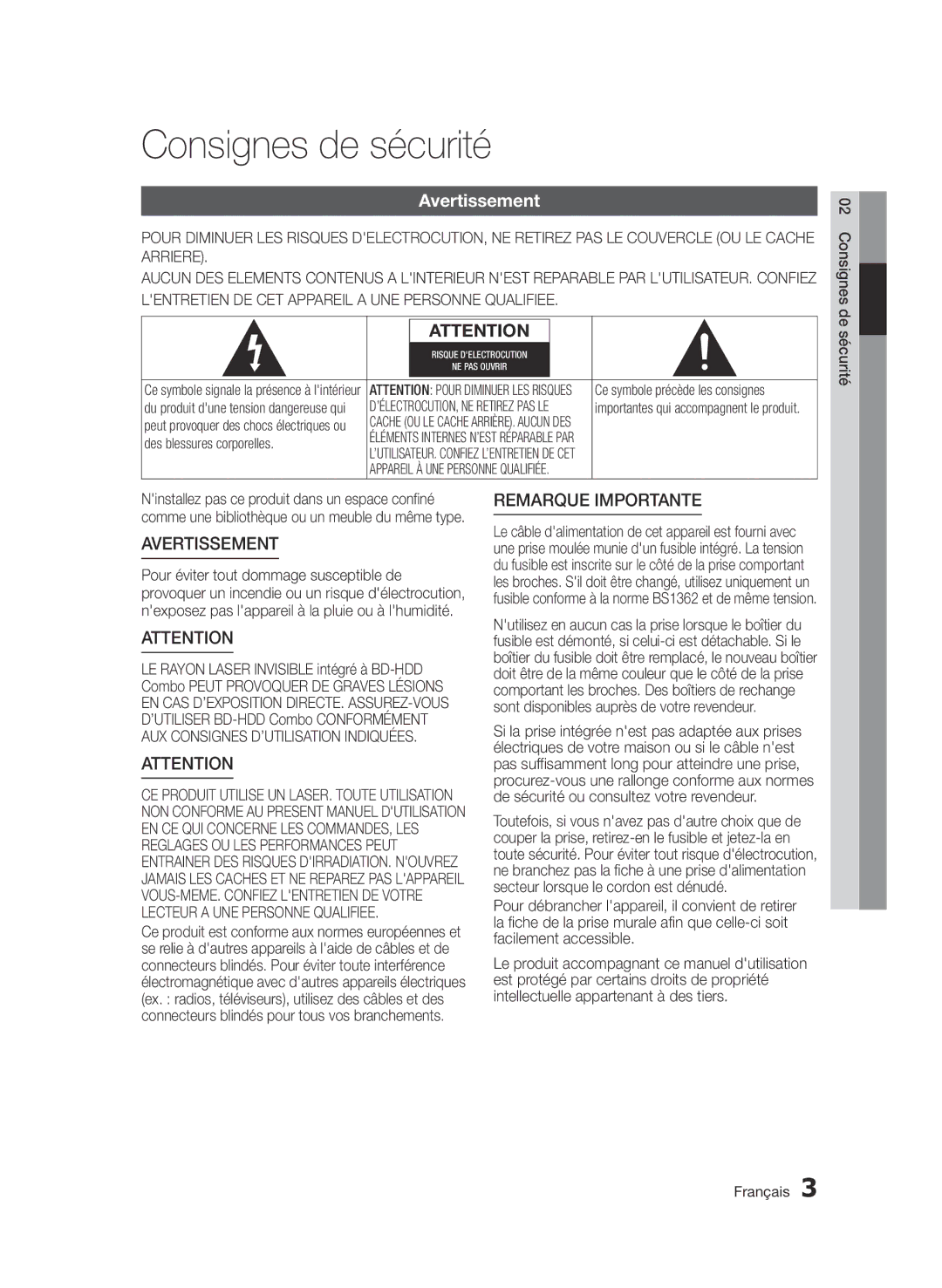 Samsung BD-D8500/EN, BD-D8500/XN, BD-D8200/EN, BD-D8200/XN, BD-D8200/ZF, BD-D8500/ZF manual Consignes de sécurité, Avertissement 