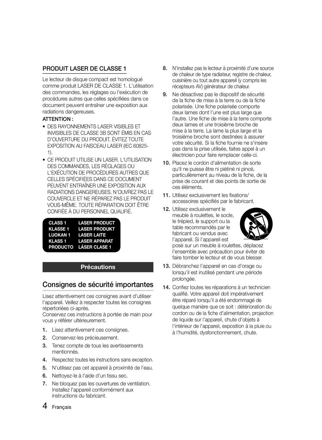 Samsung BD-D8500/XN Consignes de sécurité importantes, Précautions, Table recommandés par le fabricant ou vendus avec 