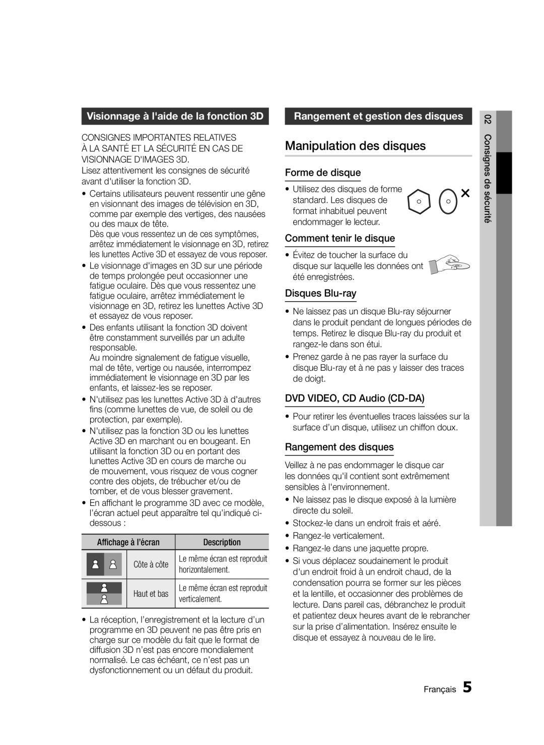 Samsung BD-D8200/EN manual Manipulation des disques, Visionnage à laide de la fonction 3D, Rangement et gestion des disques 