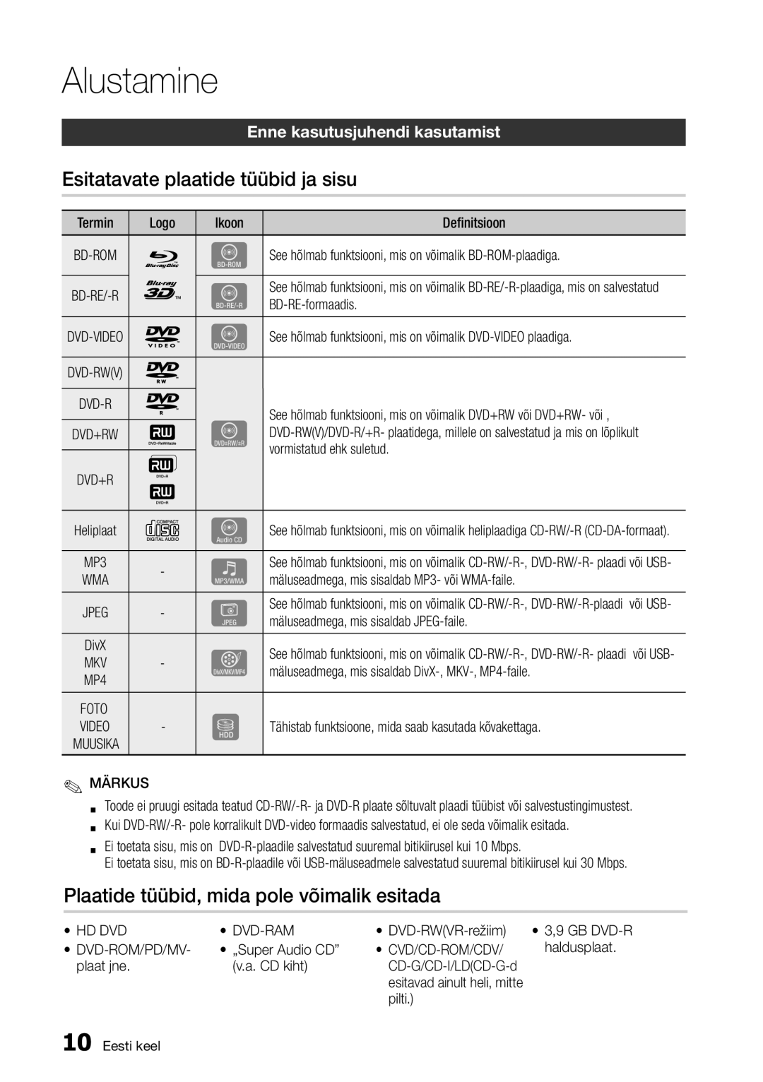 Samsung BD-D8500/EN manual Alustamine, Esitatavate plaatide tüübid ja sisu, Plaatide tüübid, mida pole võimalik esitada 