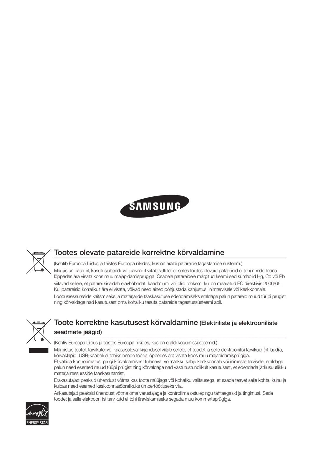 Samsung BD-D8500/EN manual Tootes olevate patareide korrektne kõrvaldamine 