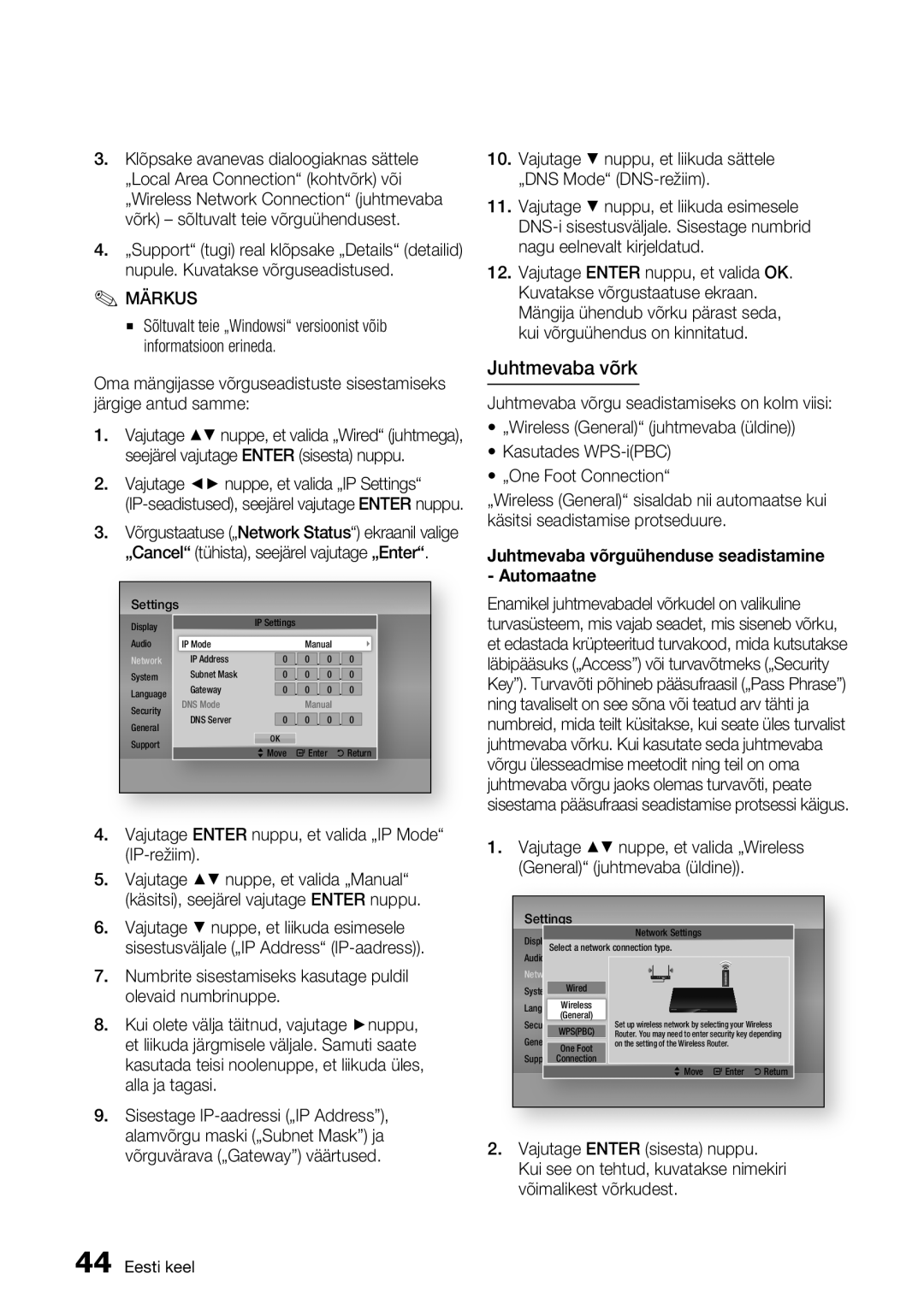 Samsung BD-D8500/EN manual Juhtmevaba võrk, Vajutage Enter nuppu, et valida „IP Mode IP-režiim 