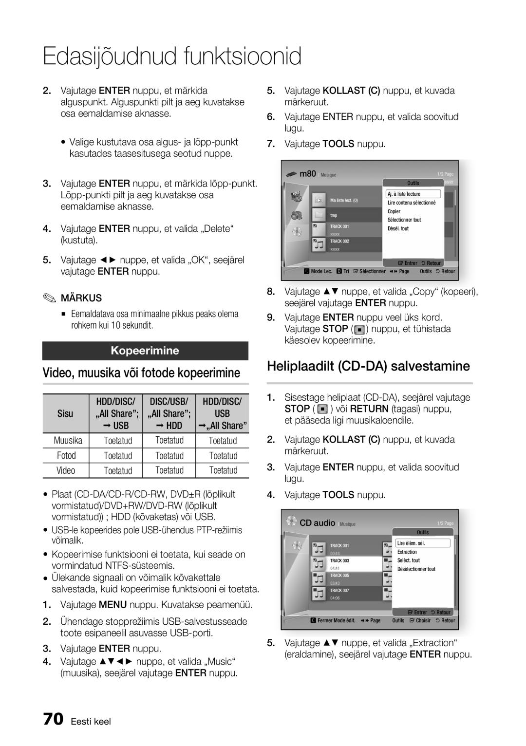 Samsung BD-D8500/EN manual Heliplaadilt CD-DA salvestamine, Kopeerimine, Usb Hdd 