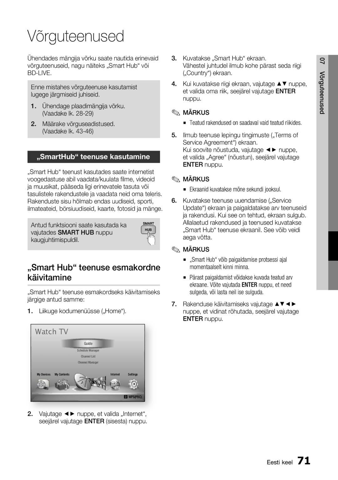 Samsung BD-D8500/EN manual Võrguteenused, „Smart Hub teenuse esmakordne käivitamine, „SmartHub teenuse kasutamine 