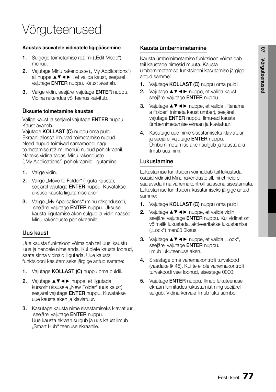 Samsung BD-D8500/EN manual Uus kaust, Kausta ümbernimetamine, Lukustamine, Üksuste toimetamine kaustas 