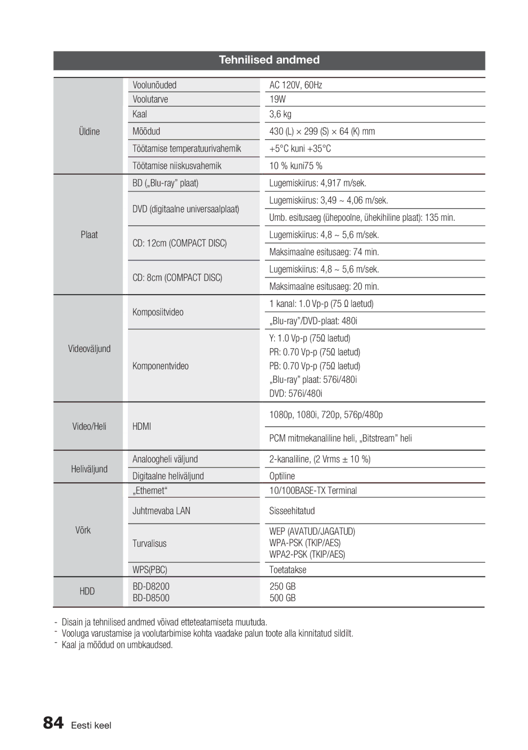 Samsung BD-D8500/EN manual Tehnilised andmed 