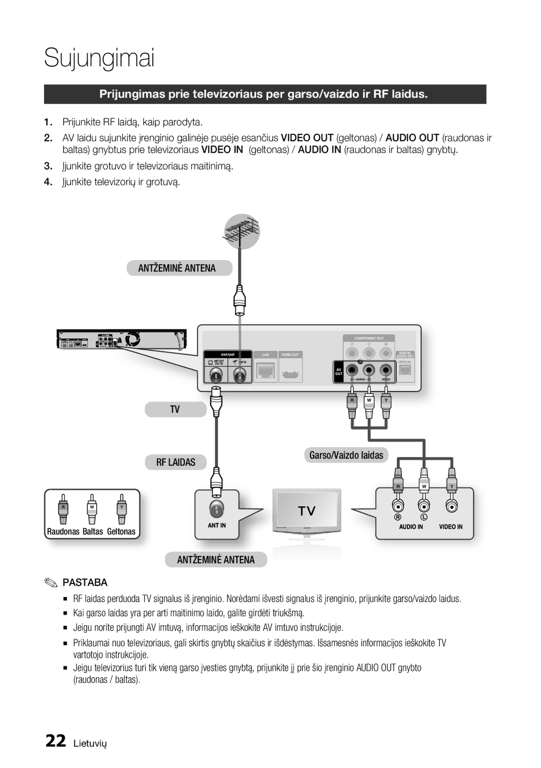 Samsung BD-D8500/EN manual Sujungimai, Prijunkite RF laidą, kaip parodyta, Antžeminė Antena RF Laidas, Garso/Vaizdo laidas 