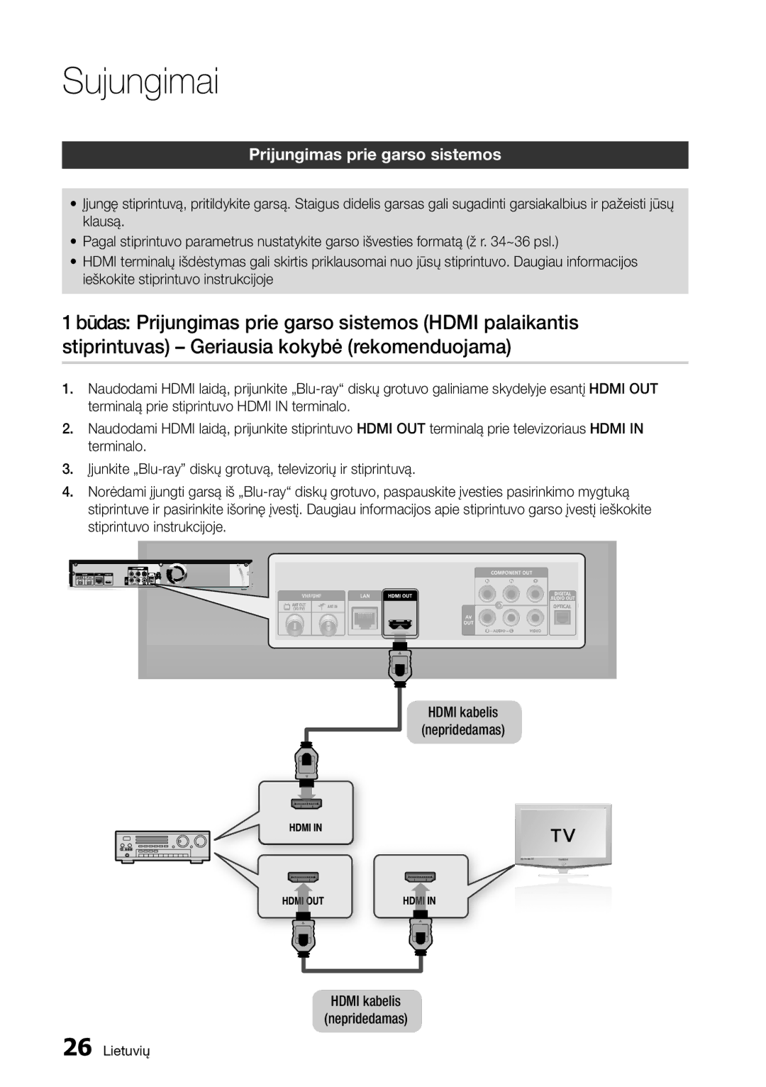 Samsung BD-D8500/EN manual Prijungimas prie garso sistemos, Hdmi kabelis nepridedamas 