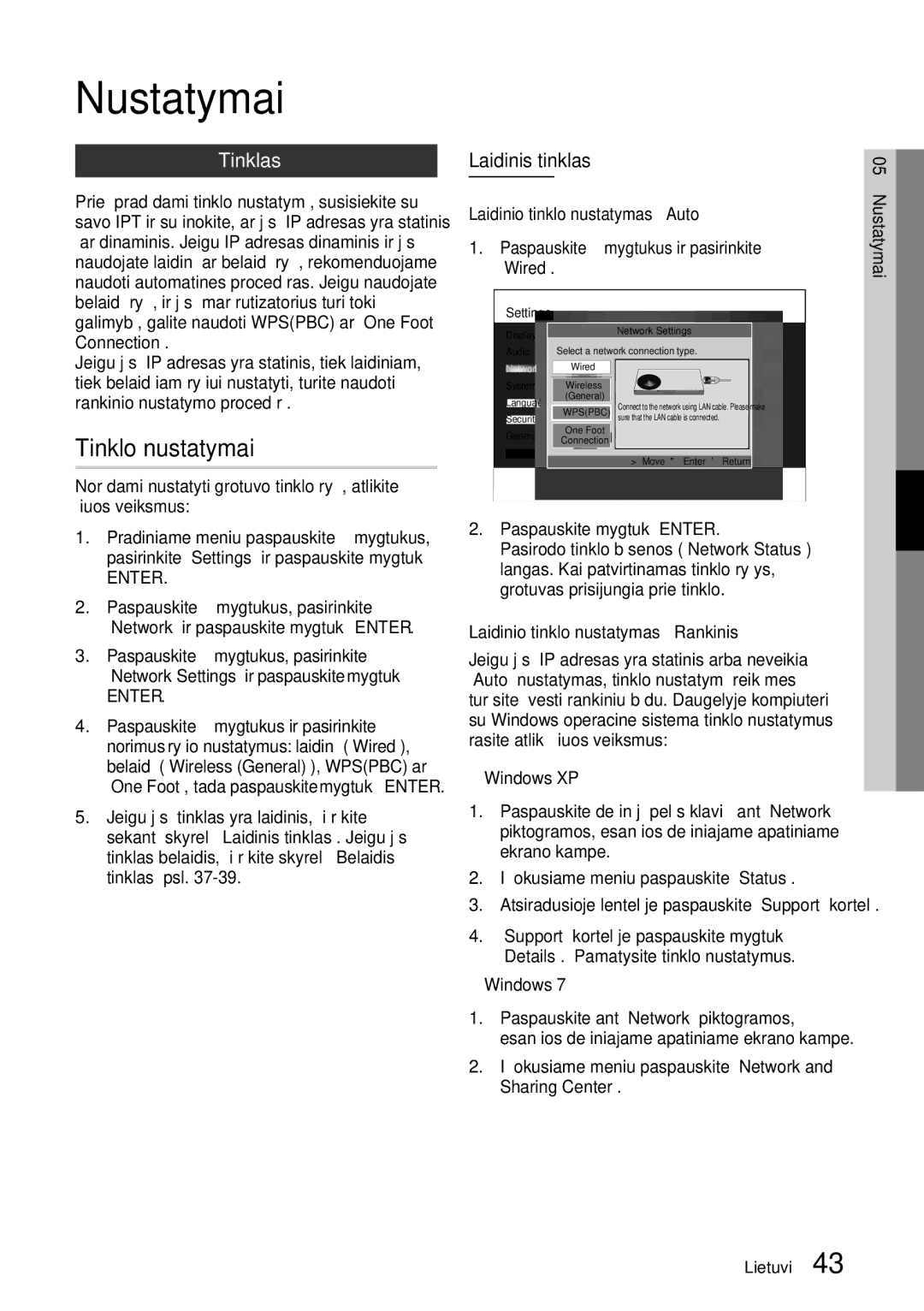 Samsung BD-D8500/EN manual Tinklo nustatymai, Tinklas, Laidinis tinklas, Laidinio tinklo nustatymas Auto 