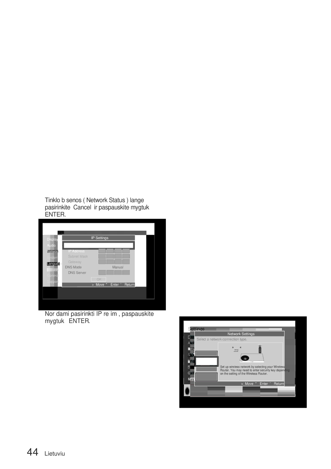 Samsung BD-D8500/EN manual Belaidis tinklas, Norėdami pasirinkti IP režimą, paspauskite mygtuką Enter 