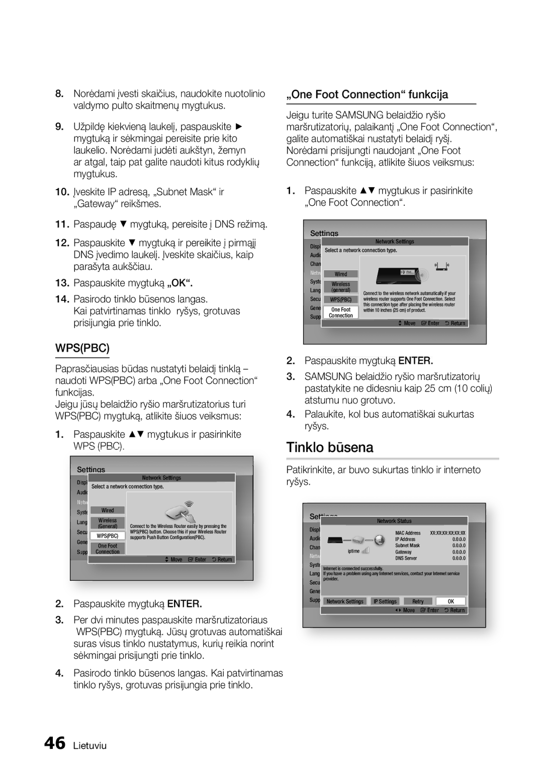 Samsung BD-D8500/EN manual Tinklo būsena, „One Foot Connection funkcija, Paspauskite mygtuką Enter 