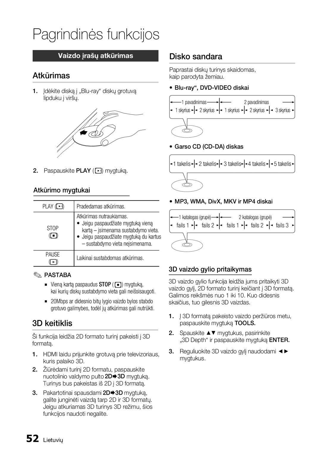 Samsung BD-D8500/EN manual Atkūrimas, 3D keitiklis, Disko sandara, Vaizdo įrašų atkūrimas 