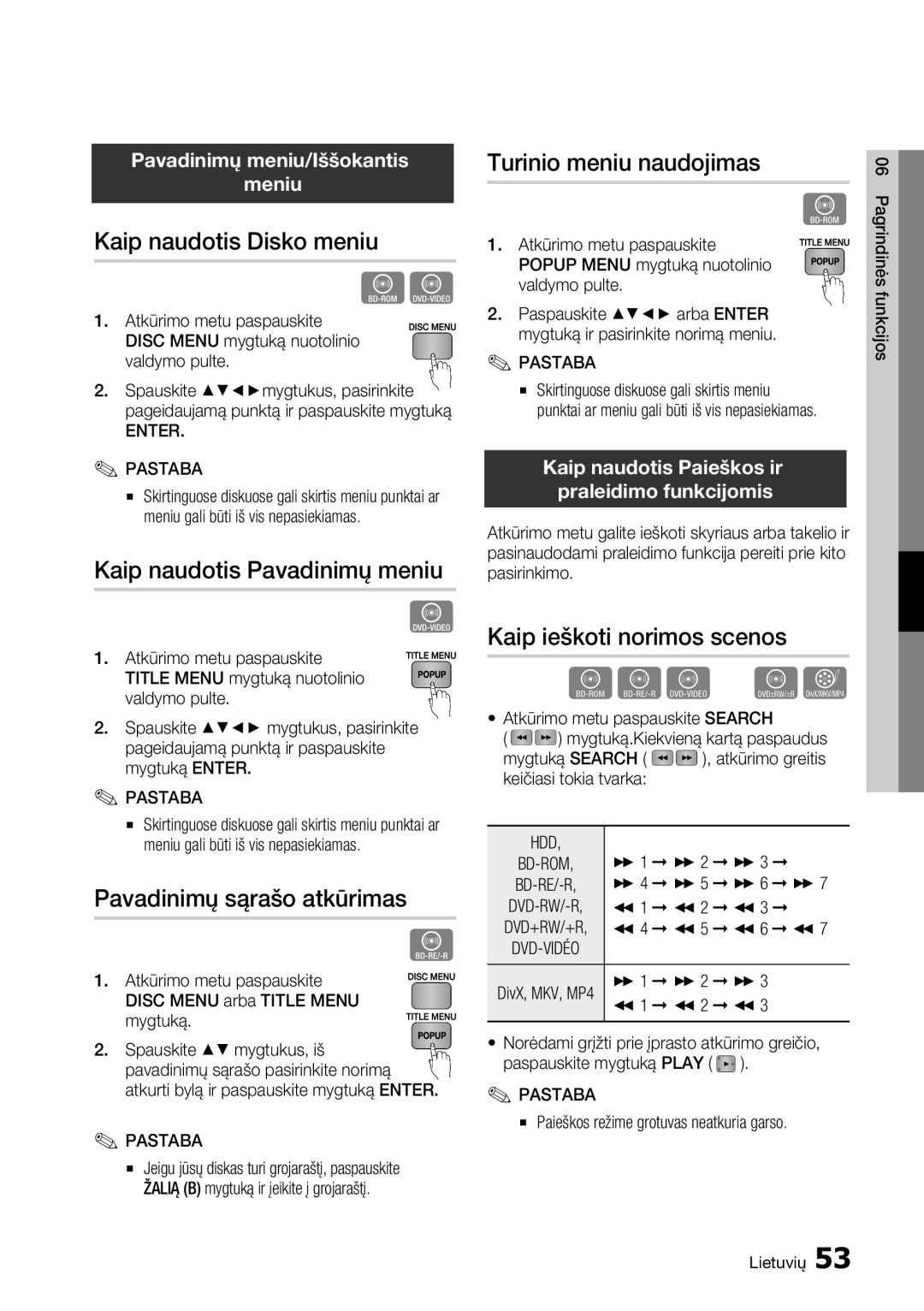 Samsung BD-D8500/EN manual Kaip naudotis Disko meniu, Kaip naudotis Pavadinimų meniu, Pavadinimų sąrašo atkūrimas 