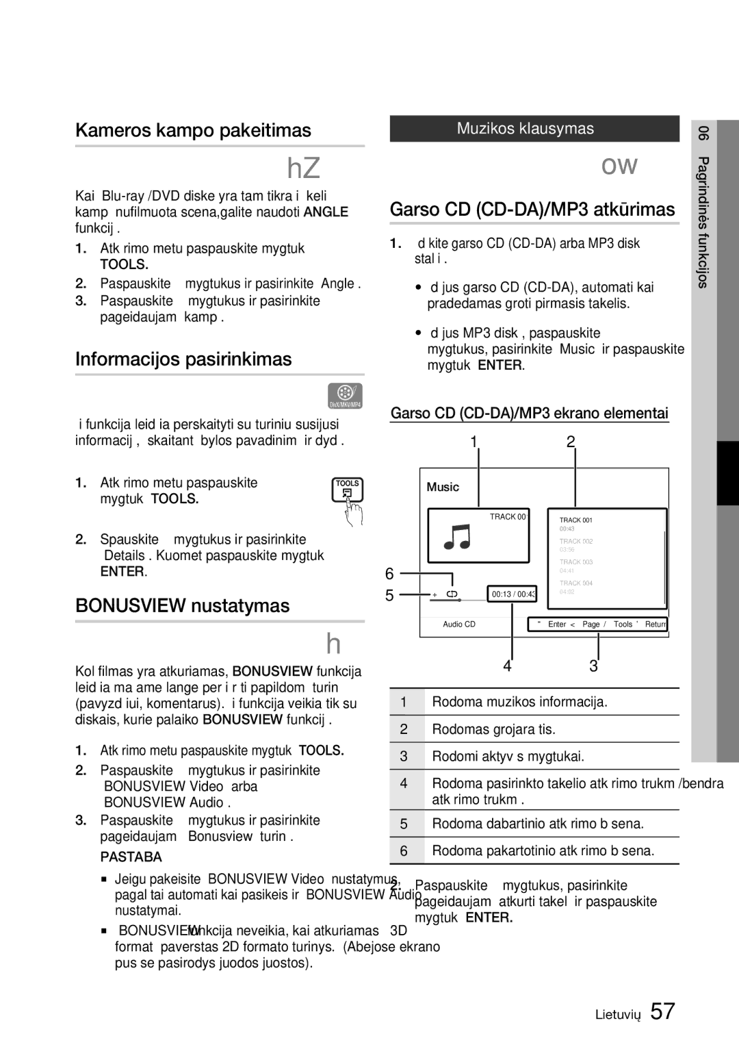 Samsung BD-D8500/EN manual Informacijos pasirinkimas, Bonusview nustatymas, Garso CD CD-DA/MP3 atkūrimas, Muzikos klausymas 