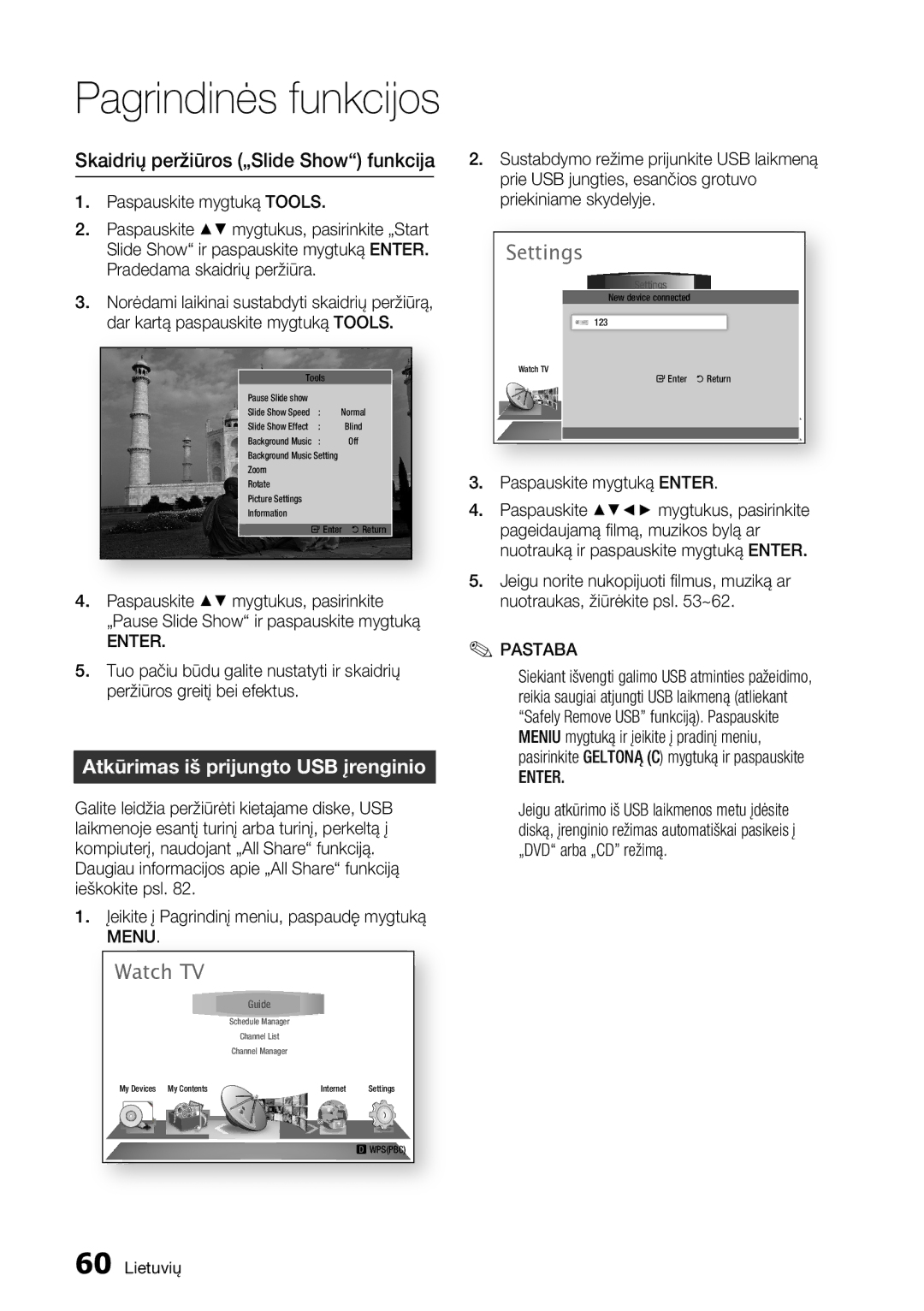 Samsung BD-D8500/EN manual Skaidrių peržiūros „Slide Show funkcija, Atkūrimas iš prijungto USB įrenginio 