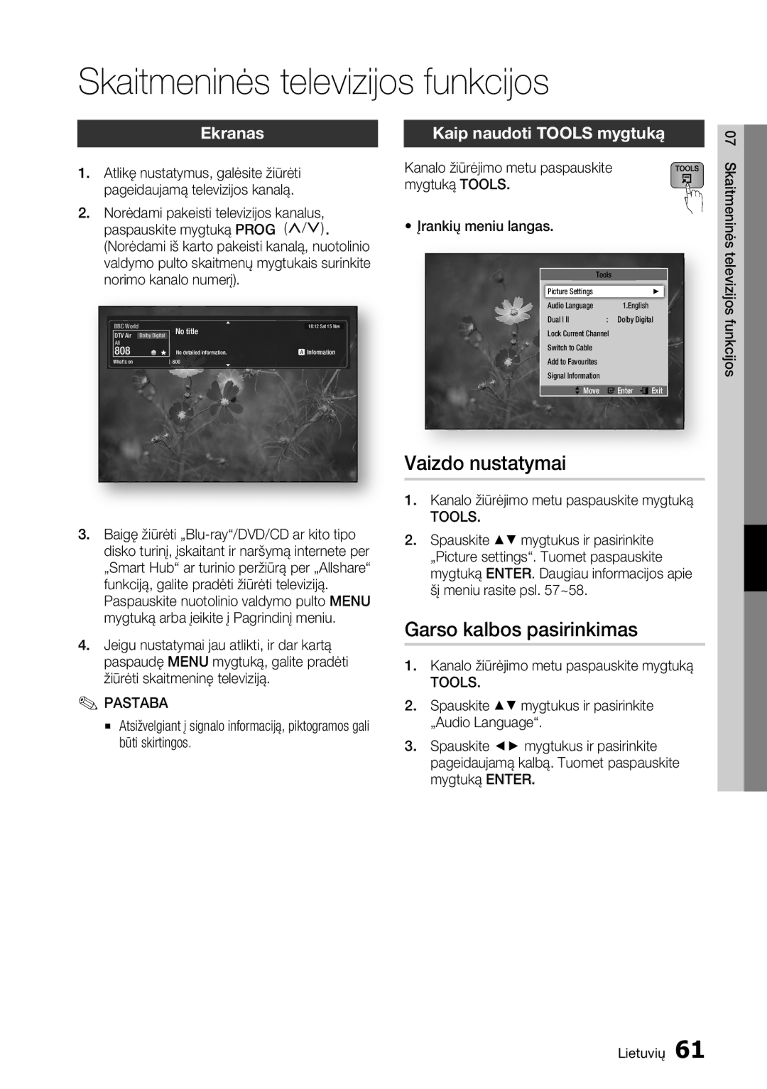 Samsung BD-D8500/EN manual Skaitmeninės televizijos funkcijos, Vaizdo nustatymai, Ekranas, Kaip naudoti Tools mygtuką 