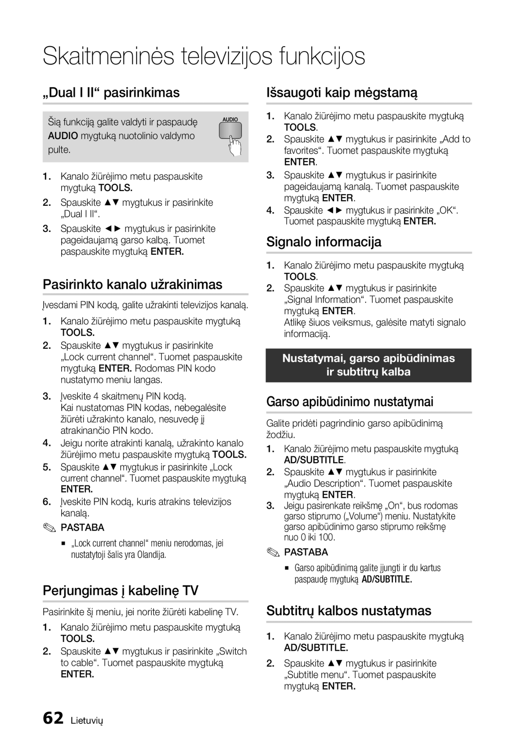 Samsung BD-D8500/EN „Dual I II pasirinkimas, Pasirinkto kanalo užrakinimas, Išsaugoti kaip mėgstamą, Signalo informacija 