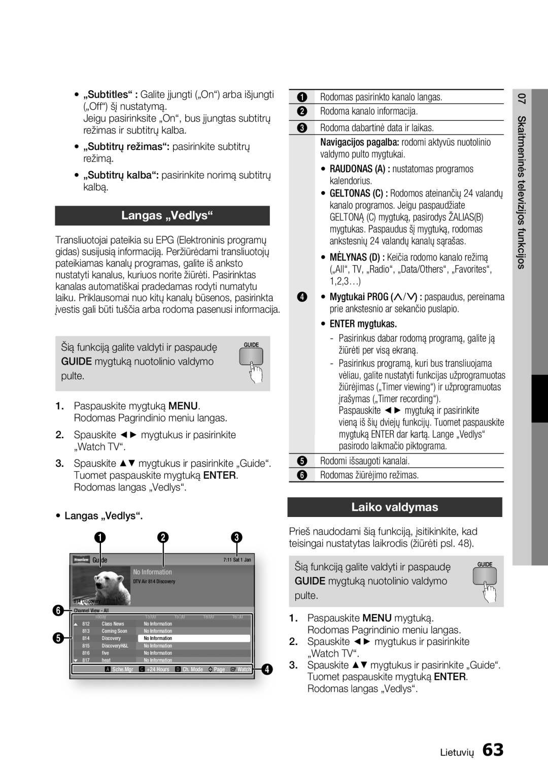 Samsung BD-D8500/EN manual Langas „Vedlys, Laiko valdymas, Enter mygtukas, Paspauskite mygtuką ir pasirinkite 