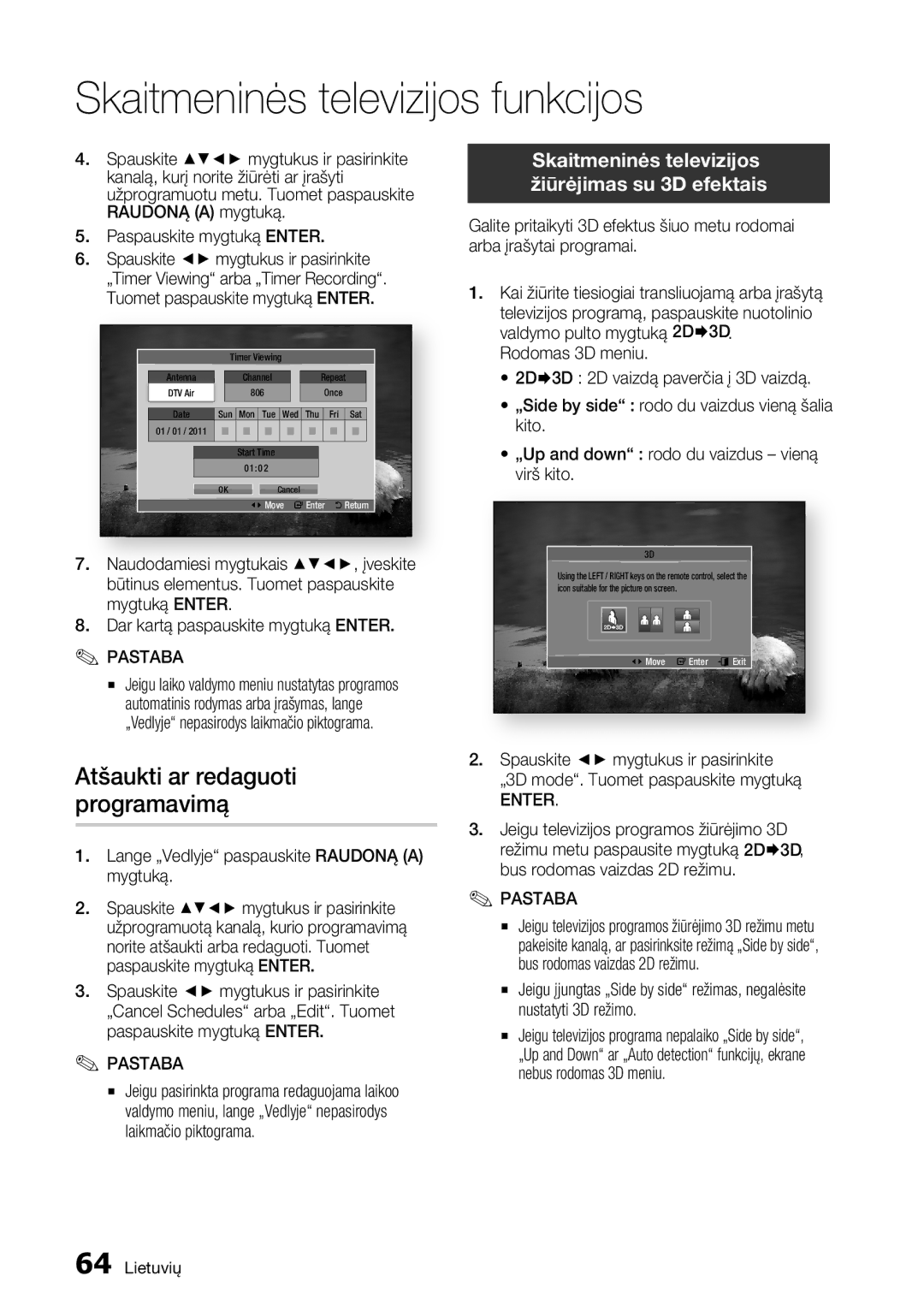 Samsung BD-D8500/EN manual Atšaukti ar redaguoti programavimą, Skaitmeninės televizijos Žiūrėjimas su 3D efektais 