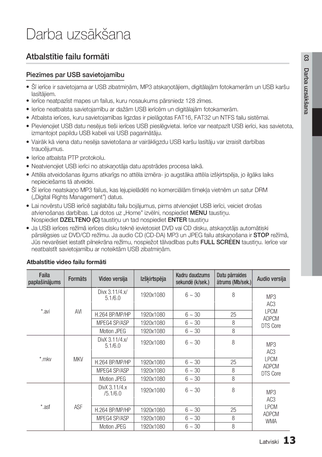 Samsung BD-D8500/EN manual Atbalstītie failu formāti, Piezīmes par USB savietojamību, Atbalstītie video failu formāti 