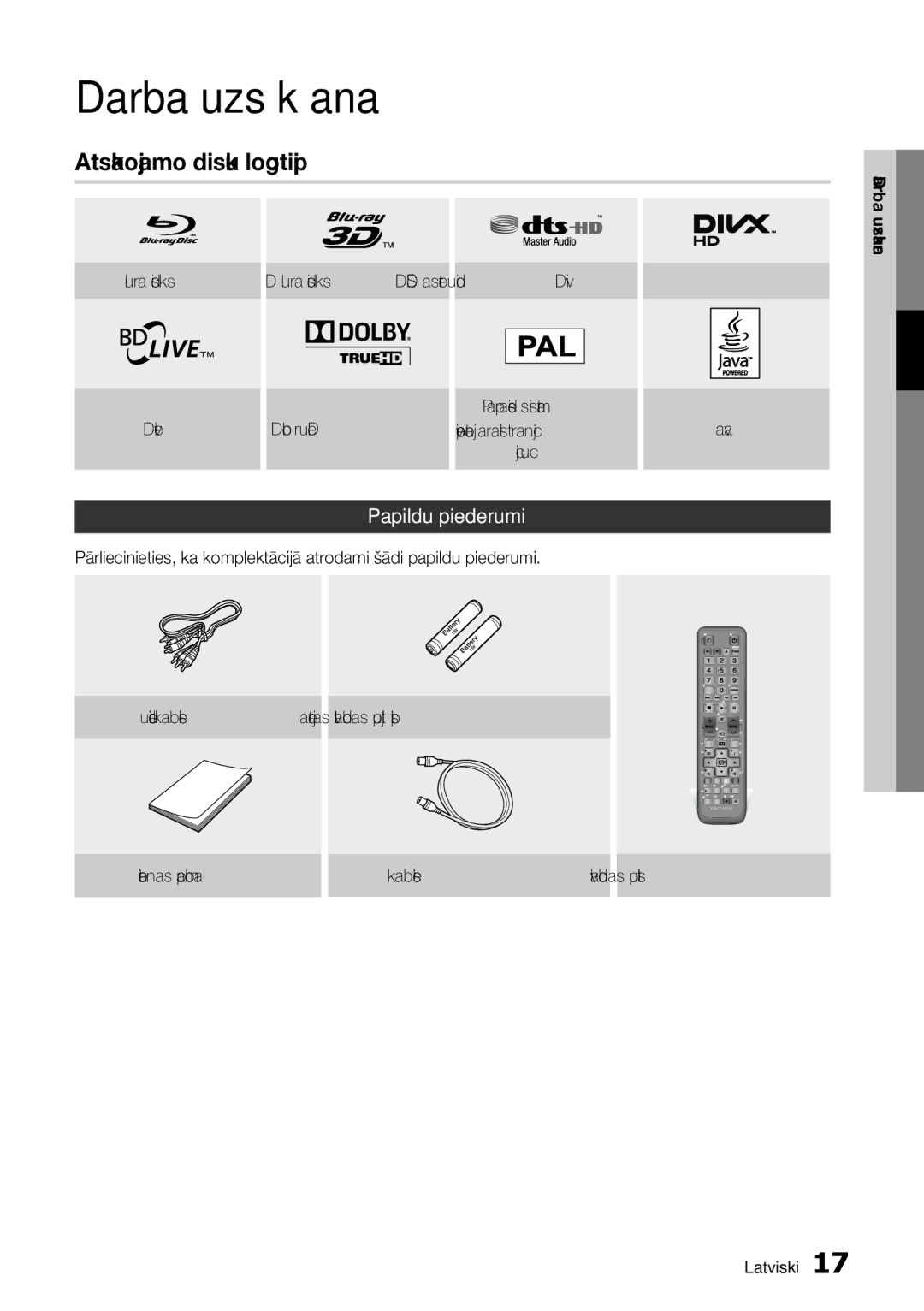 Samsung BD-D8500/EN manual Atskaņojamo disku logotipi, Papildu piederumi, Lietošanas pamācība RF kabelis 