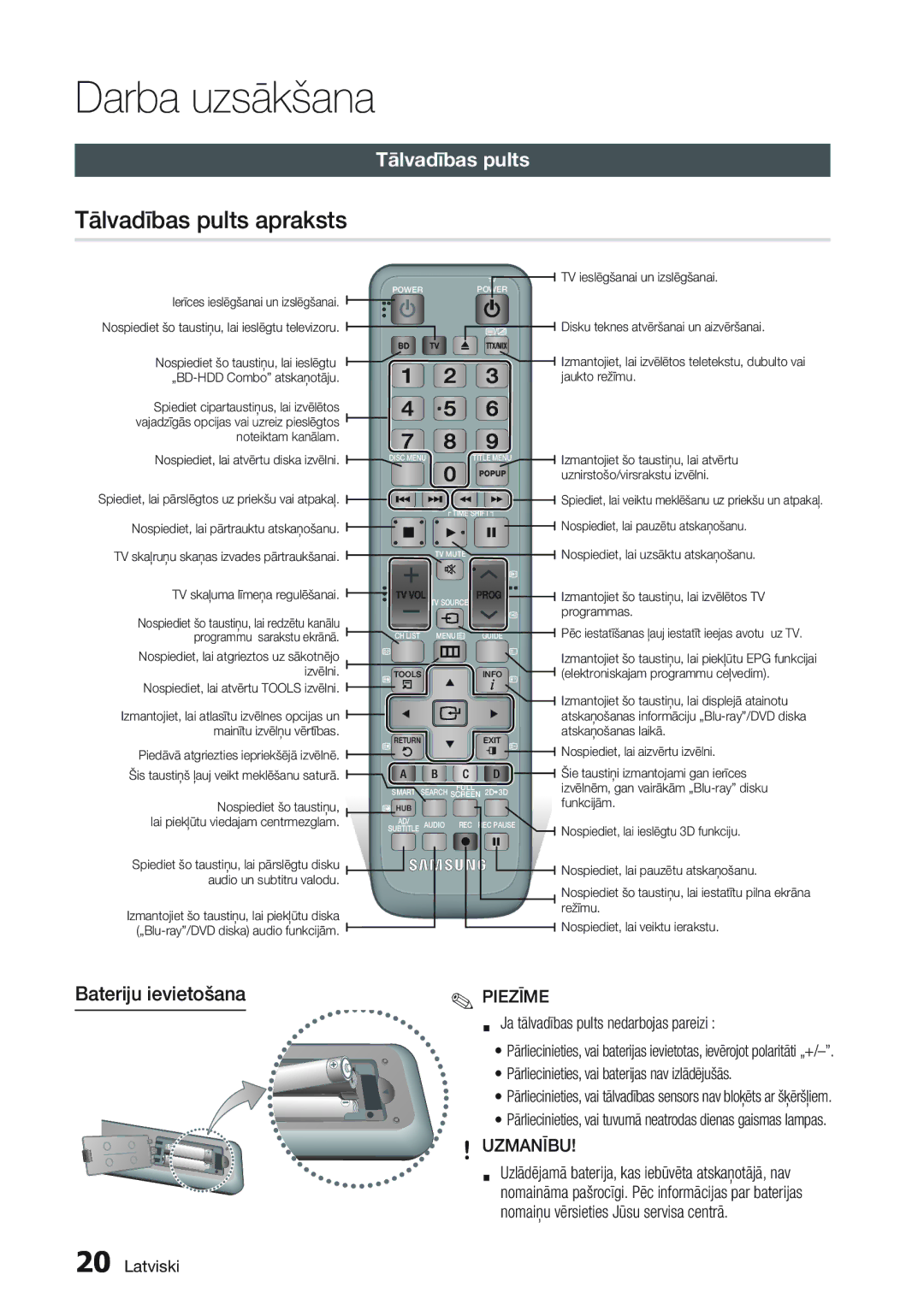 Samsung BD-D8500/EN manual Tālvadības pults apraksts, Bateriju ievietošana 