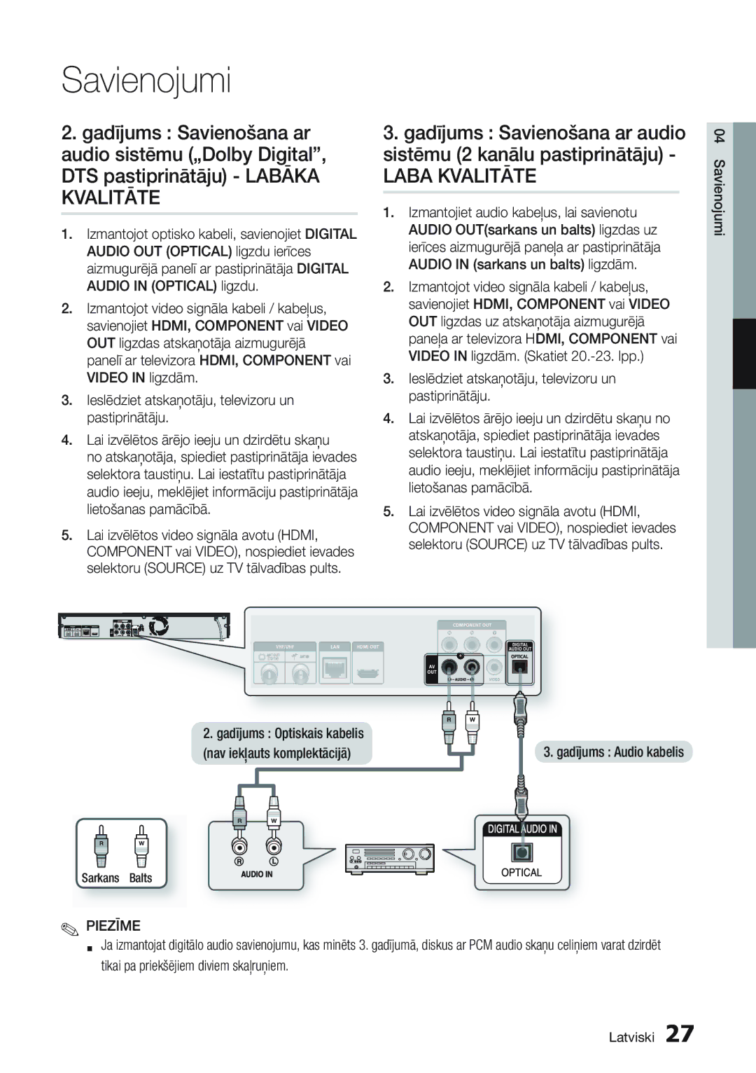 Samsung BD-D8500/EN manual Laba Kvalitāte, Gadījums Audio kabelis 