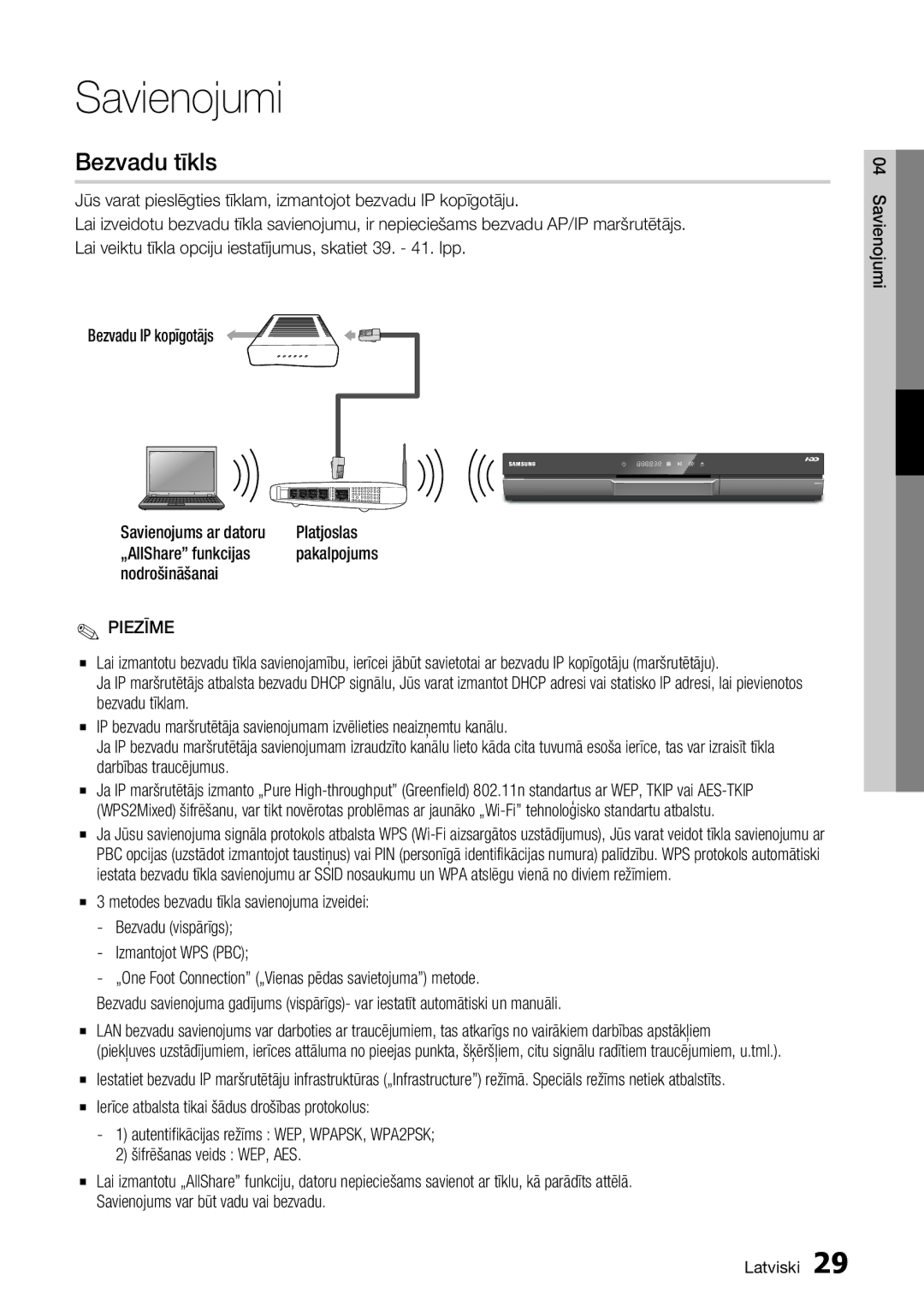 Samsung BD-D8500/EN manual Bezvadu tīkls, Platjoslas, „AllShare funkcijas, Nodrošināšanai 