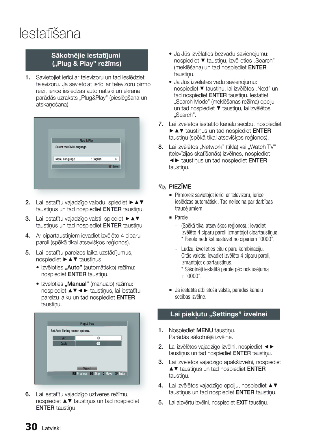 Samsung BD-D8500/EN manual Iestatīšana, Sākotnējie iestatījumi „Plug & Play režīms, Lai piekļūtu „Settings izvēlnei, Parole 