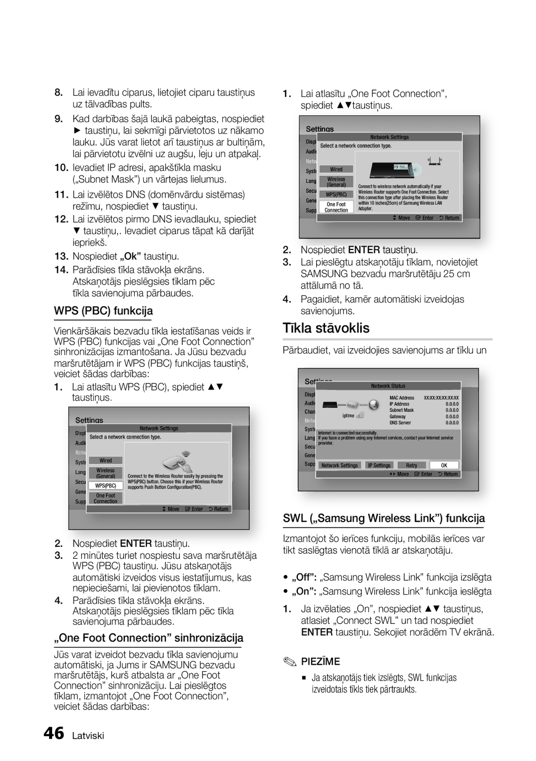 Samsung BD-D8500/EN manual Tīkla stāvoklis, WPS PBC funkcija, „One Foot Connection sinhronizācija 