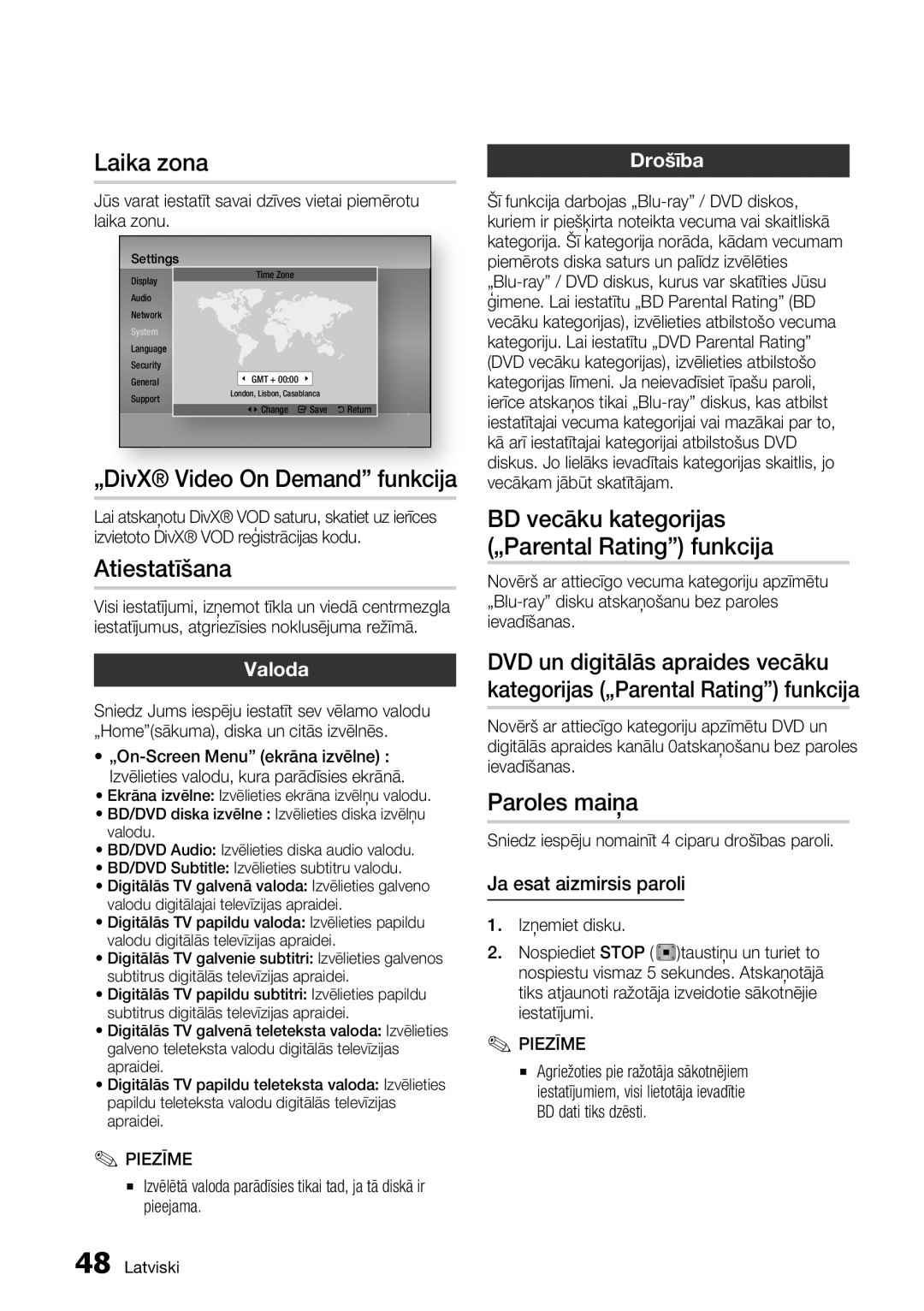 Samsung BD-D8500/EN manual Laika zona, „DivX Video On Demand funkcija, Atiestatīšana, Paroles maiņa 