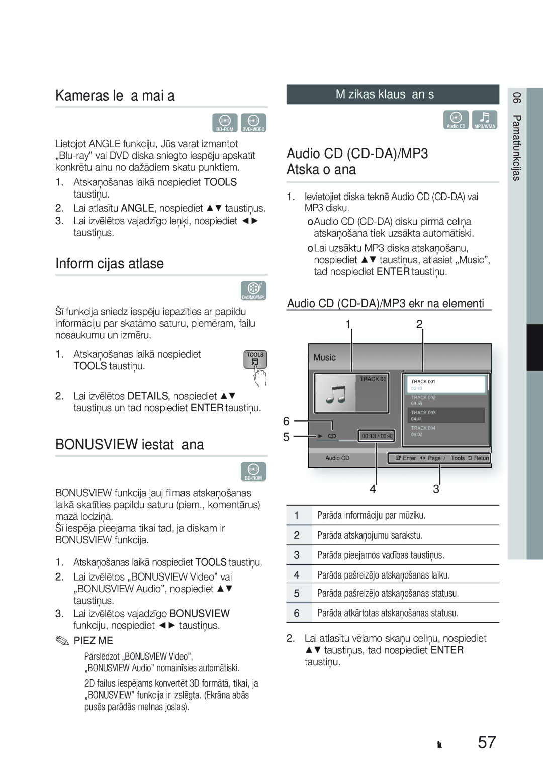 Samsung BD-D8500/EN manual Kameras leņķa maiņa, Informācijas atlase, Bonusview iestatīšana, Audio CD CD-DA/MP3 Atskaņošana 