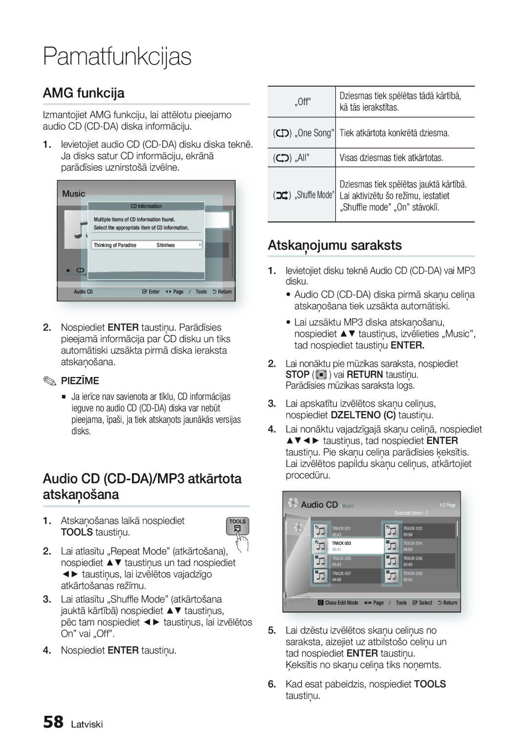 Samsung BD-D8500/EN manual AMG funkcija, Audio CD CD-DA/MP3 atkārtota atskaņošana, Atskaņojumu saraksts 