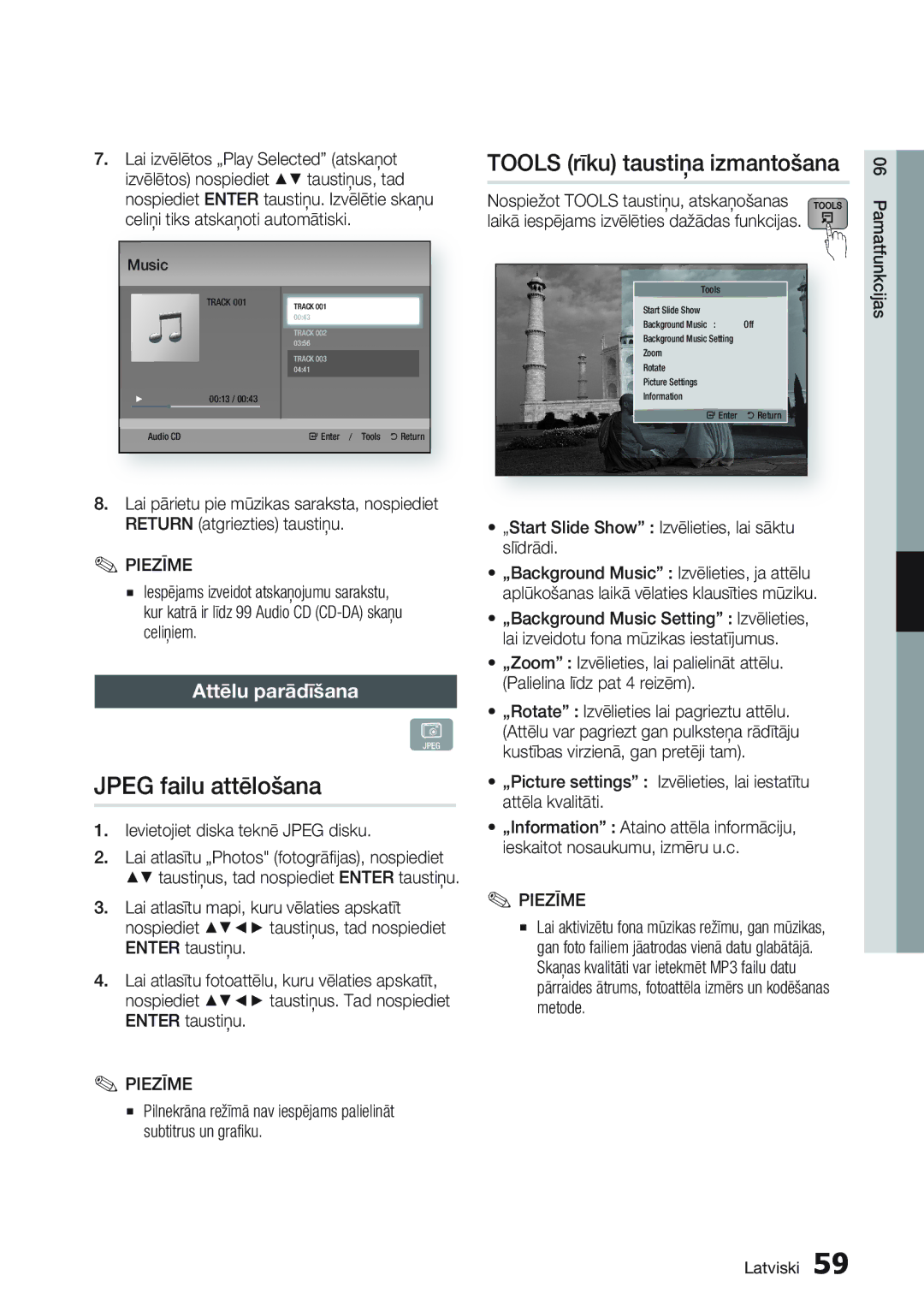 Samsung BD-D8500/EN manual Jpeg failu attēlošana, Attēlu parādīšana, Ievietojiet diska teknē Jpeg disku 