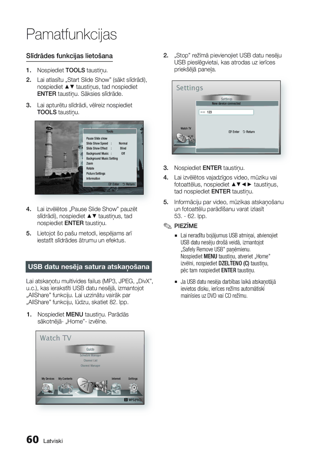 Samsung BD-D8500/EN manual Slīdrādes funkcijas lietošana, USB datu nesēja satura atskaņošana 