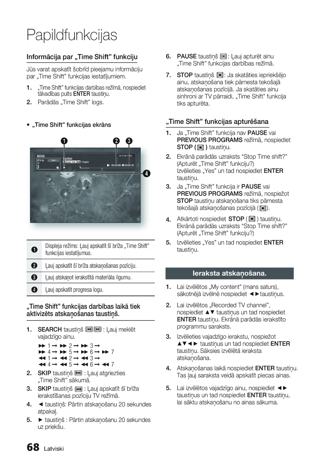 Samsung BD-D8500/EN manual Informācija par „Time Shift funkciju, „Time Shift funkcijas apturēšana, Ieraksta atskaņošana 