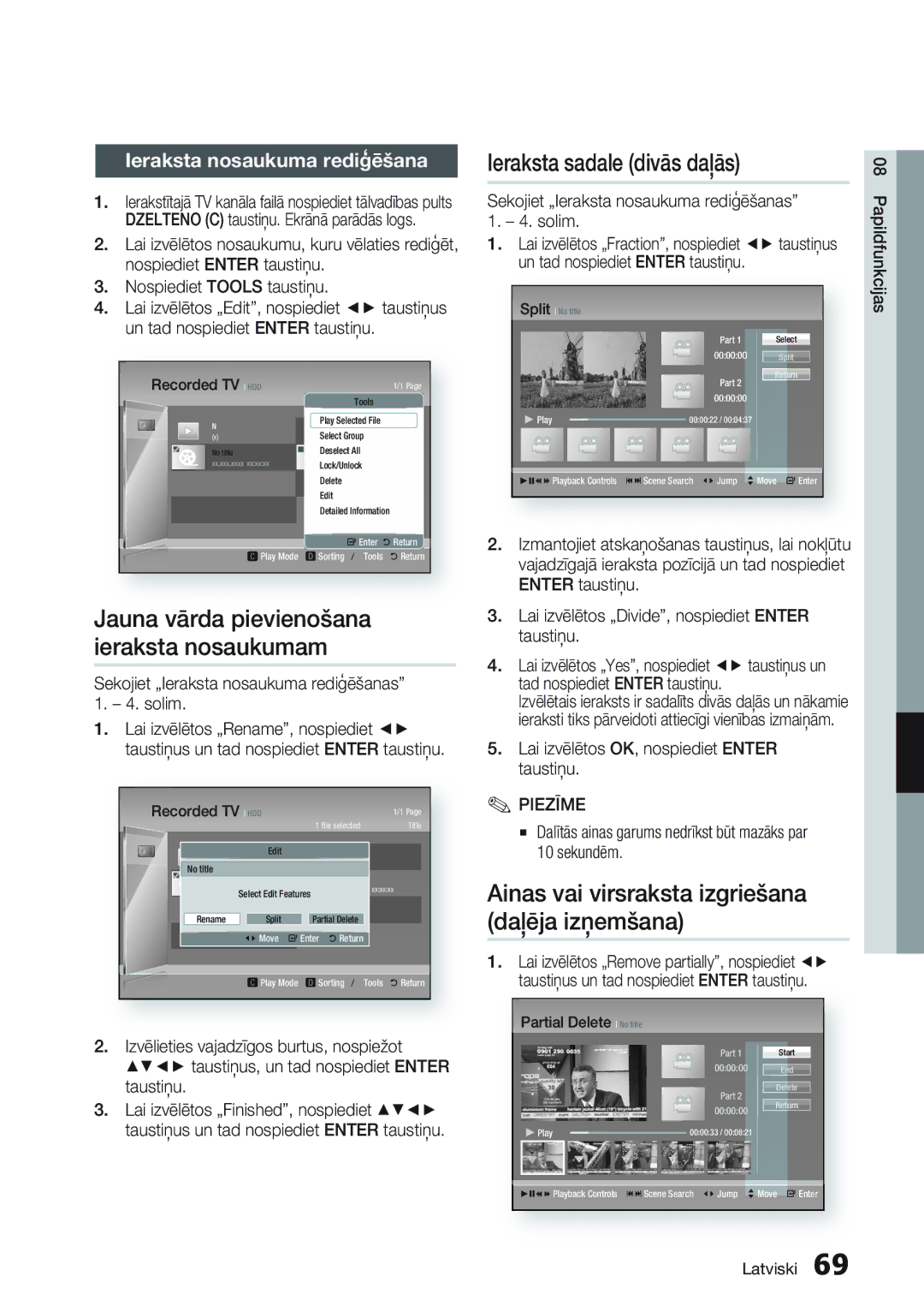 Samsung BD-D8500/EN manual Jauna vārda pievienošana ieraksta nosaukumam, Ainas vai virsraksta izgriešana daļēja izņemšana 