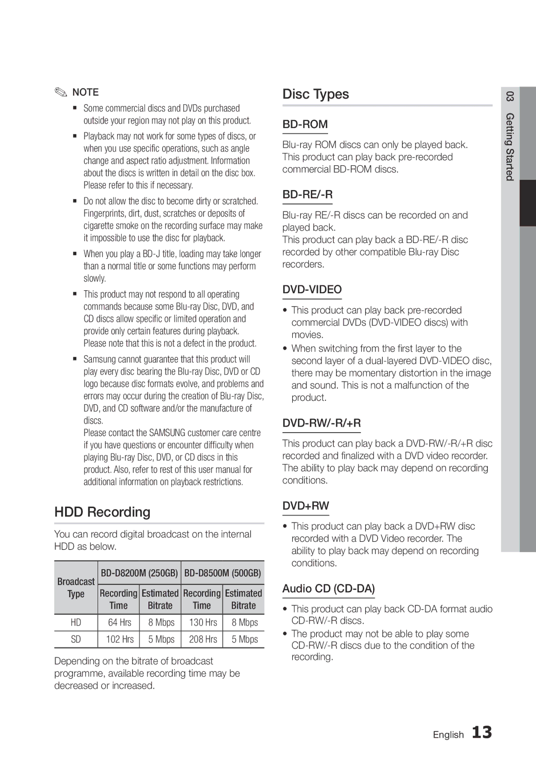 Samsung BD-D8500M/XU manual HDD Recording, Disc Types, Audio CD CD-DA 