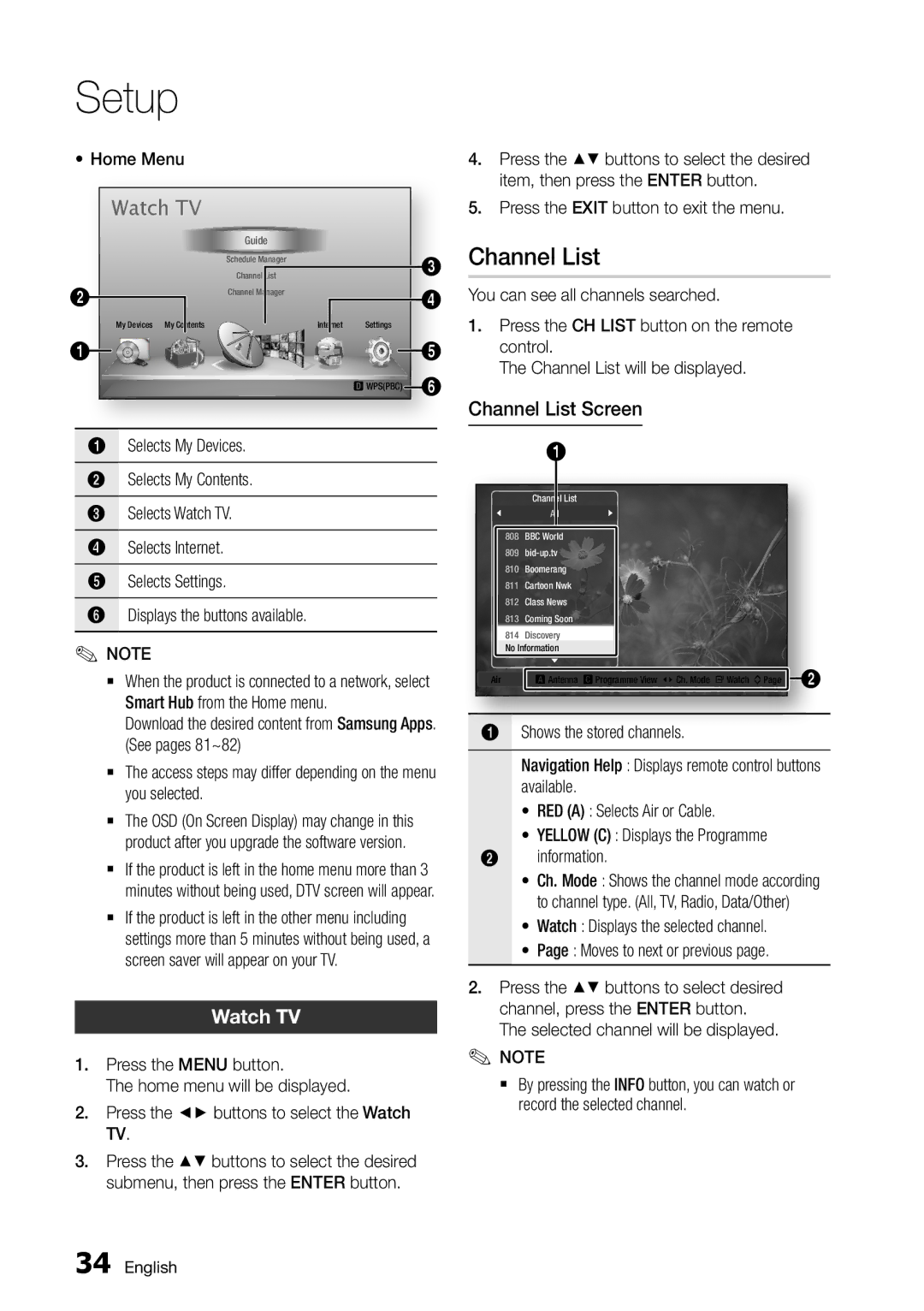 Samsung BD-D8500M/XU manual Watch TV, Channel List Screen 